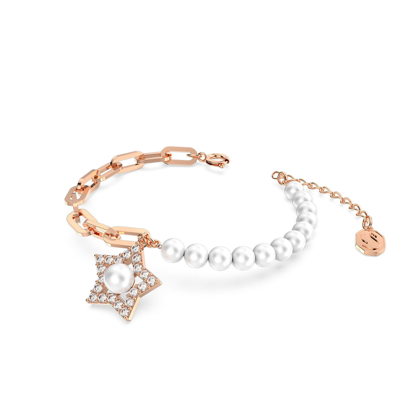 The Swarovski Stella Bracelet by Swarovski showcases an elegant star motif charm embellished with crystal pearls, complemented by a modern rose gold-tone chain link section.