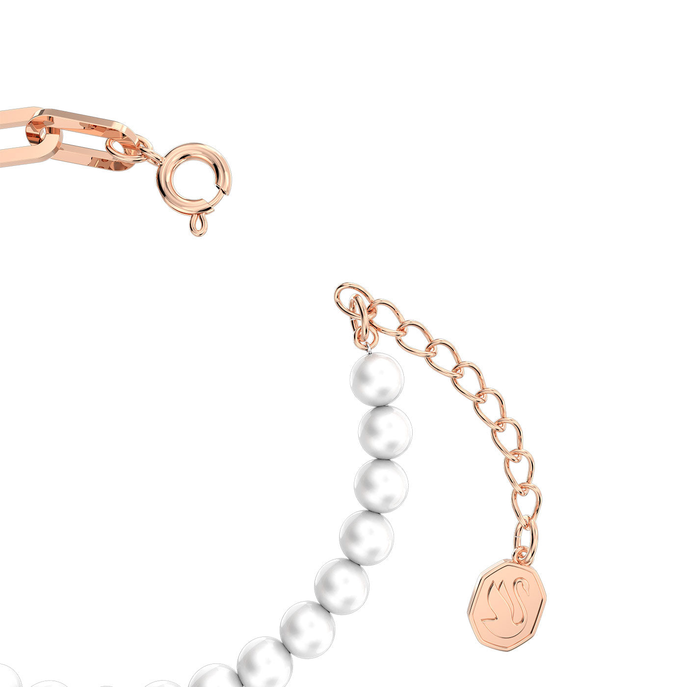 The Swarovski Stella Bracelet by Swarovski showcases a stunning design with crystal pearls and a rose gold-tone chain and clasp. It features an elegant hexagonal charm on the chain, adding sophistication to its overall look against the plain white background.