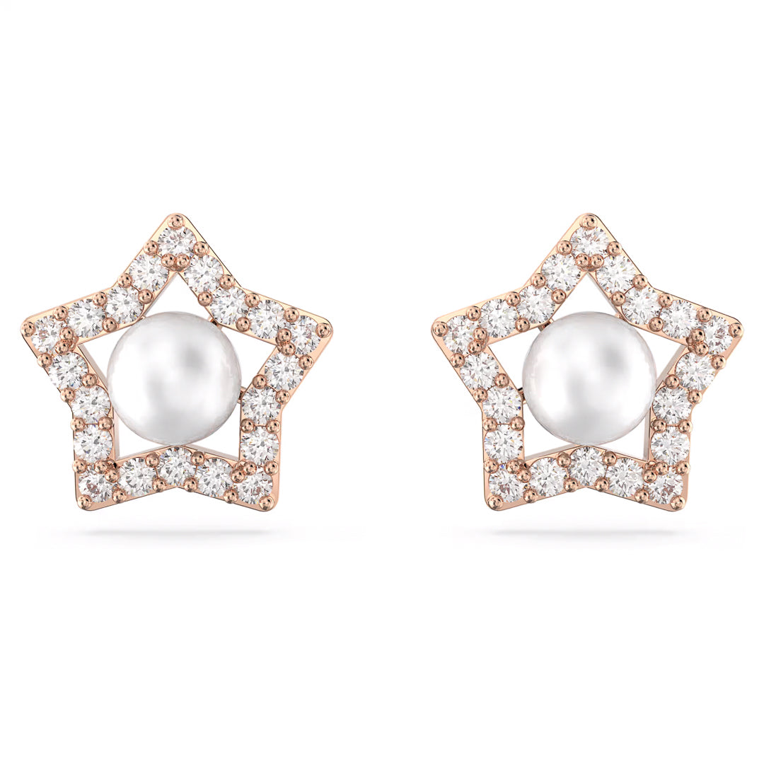 Introducing the Swarovski Stella Stud Earrings, featuring a luminous crystal pearl surrounded by shimmering diamonds, all set within an elegant rose gold-tone framework.