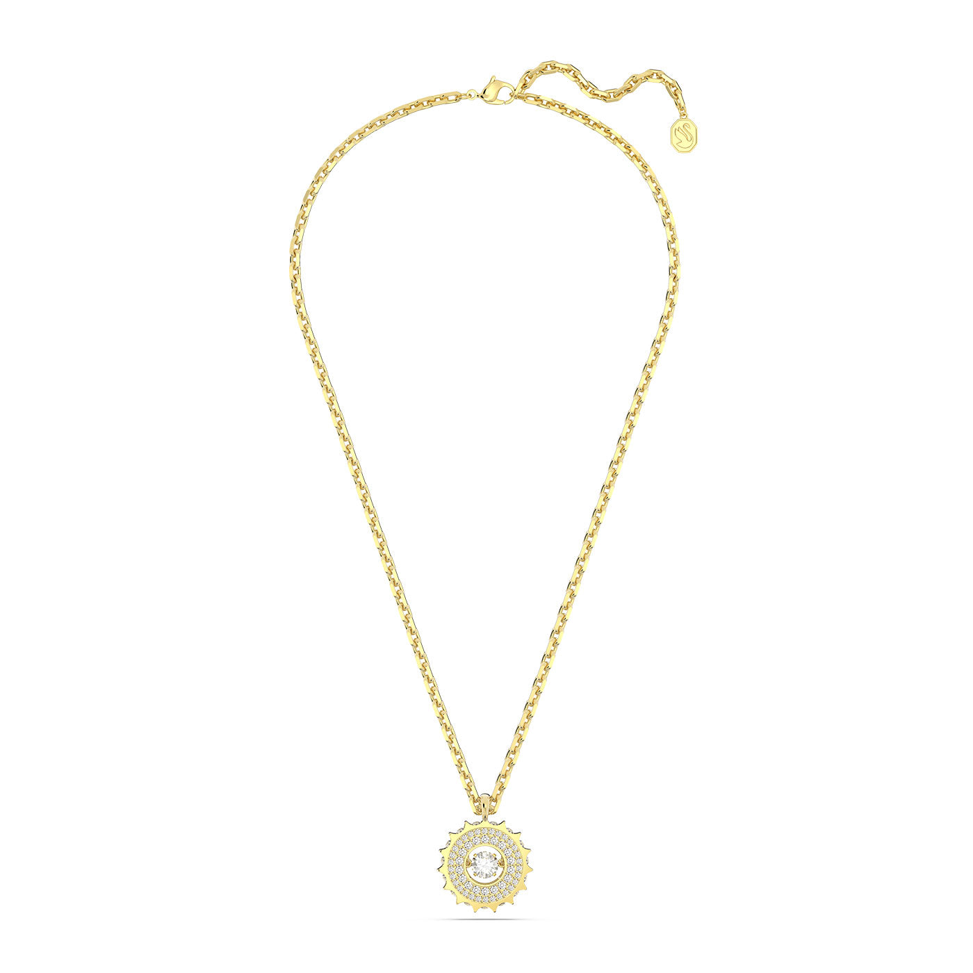 Introducing the Swarovski Mixed Round Cuts Rota Necklace Pendant, a stunning gold-tone plated piece by Swarovski. This necklace features a striking sunburst design with a central gem surrounded by pavé stones for added brilliance. Its adjustable clasp and small tag make it versatile and easy to wear.