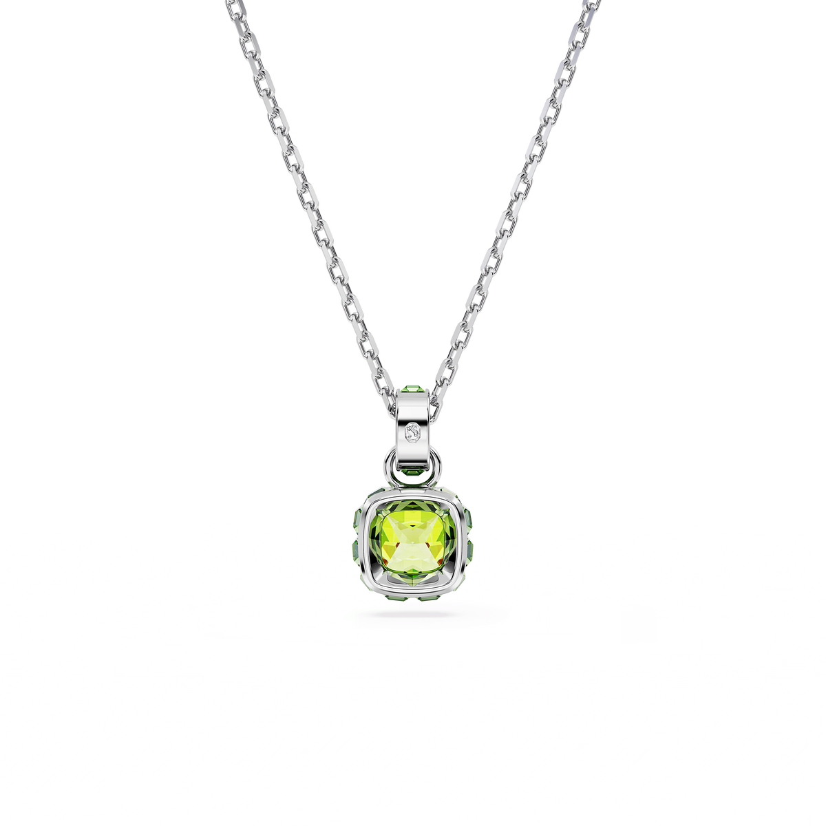 A Swarovski Birthstone Pendant in a square-cut August Green gemstone, rhodium plated and elegantly set, is showcased on a white background.