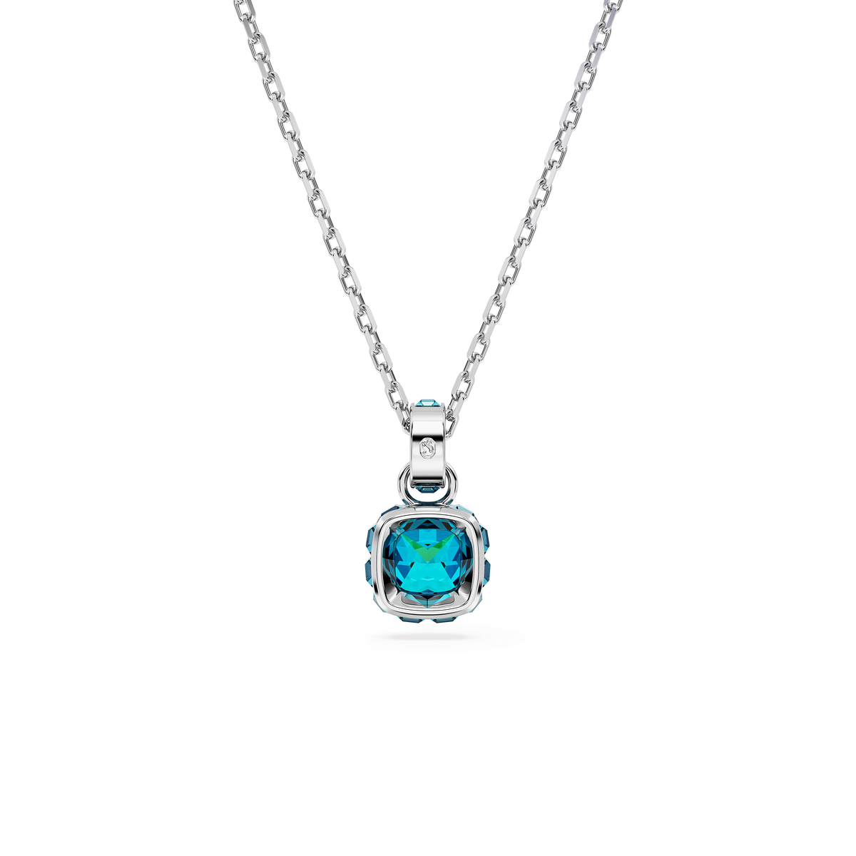 A Swarovski Birthstone pendant, featuring a square-cut blue stone for December and set in a decorative rhodium-plated frame, is displayed on a silver chain against a plain white background.