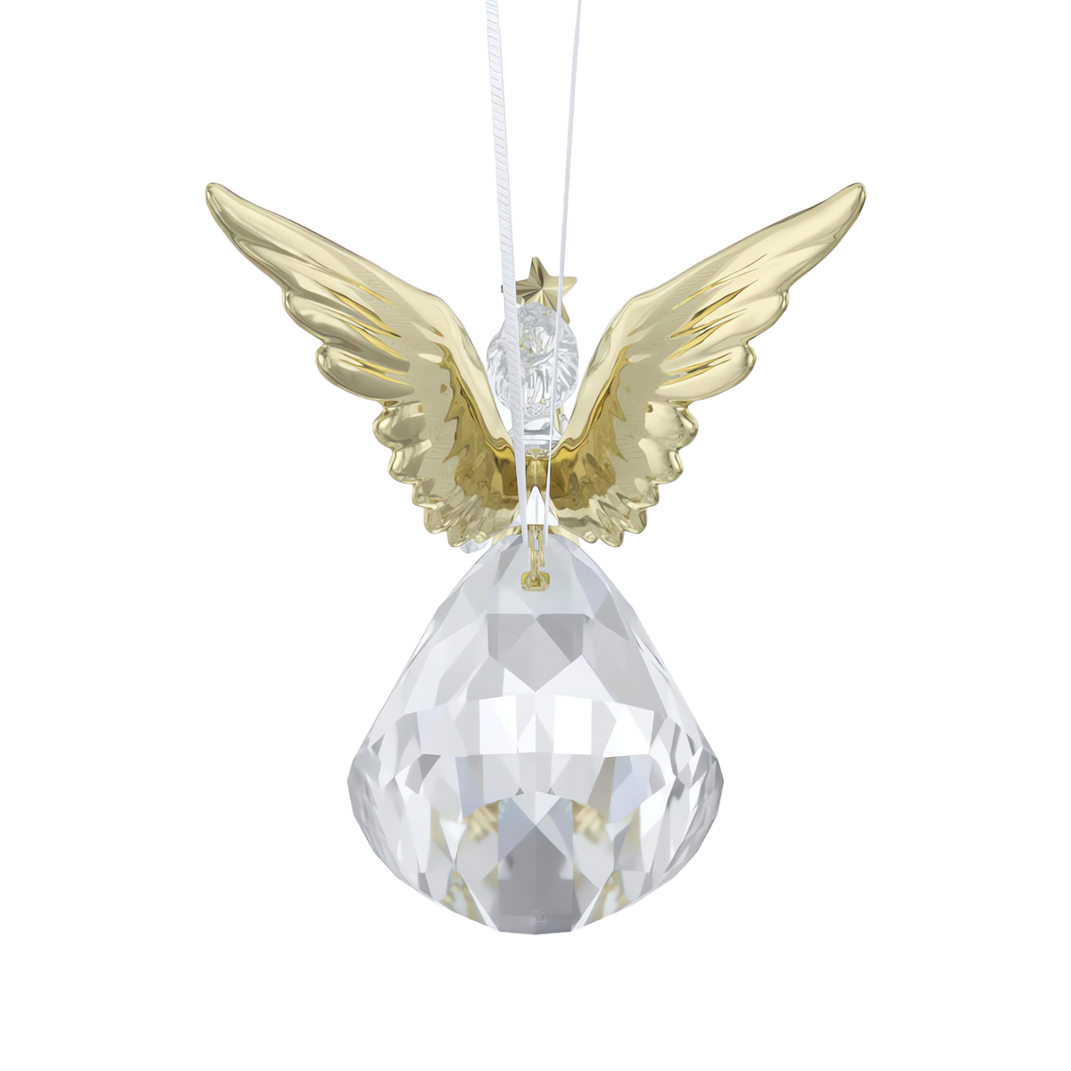 The Swarovski Holiday Magic Angel Ornament by Swarovski features a crystallized design crafted from faceted clear glass, gold-toned wings, and a delicate star atop its head. It hangs gracefully from a white ribbon against a plain white background, making it an elegant addition to your holiday décor.
