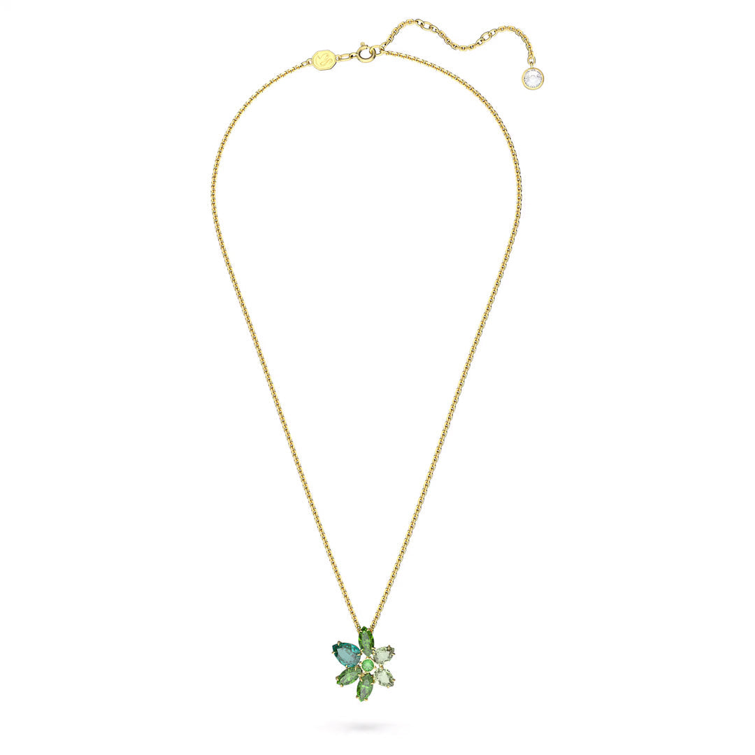 The Swarovski Gema Necklace Pendant highlights facetted crystals arranged in a floral design, accented with green gemstones. This piece features an adjustable clasp and a small round charm, making it an ideal addition to any jewelry box.