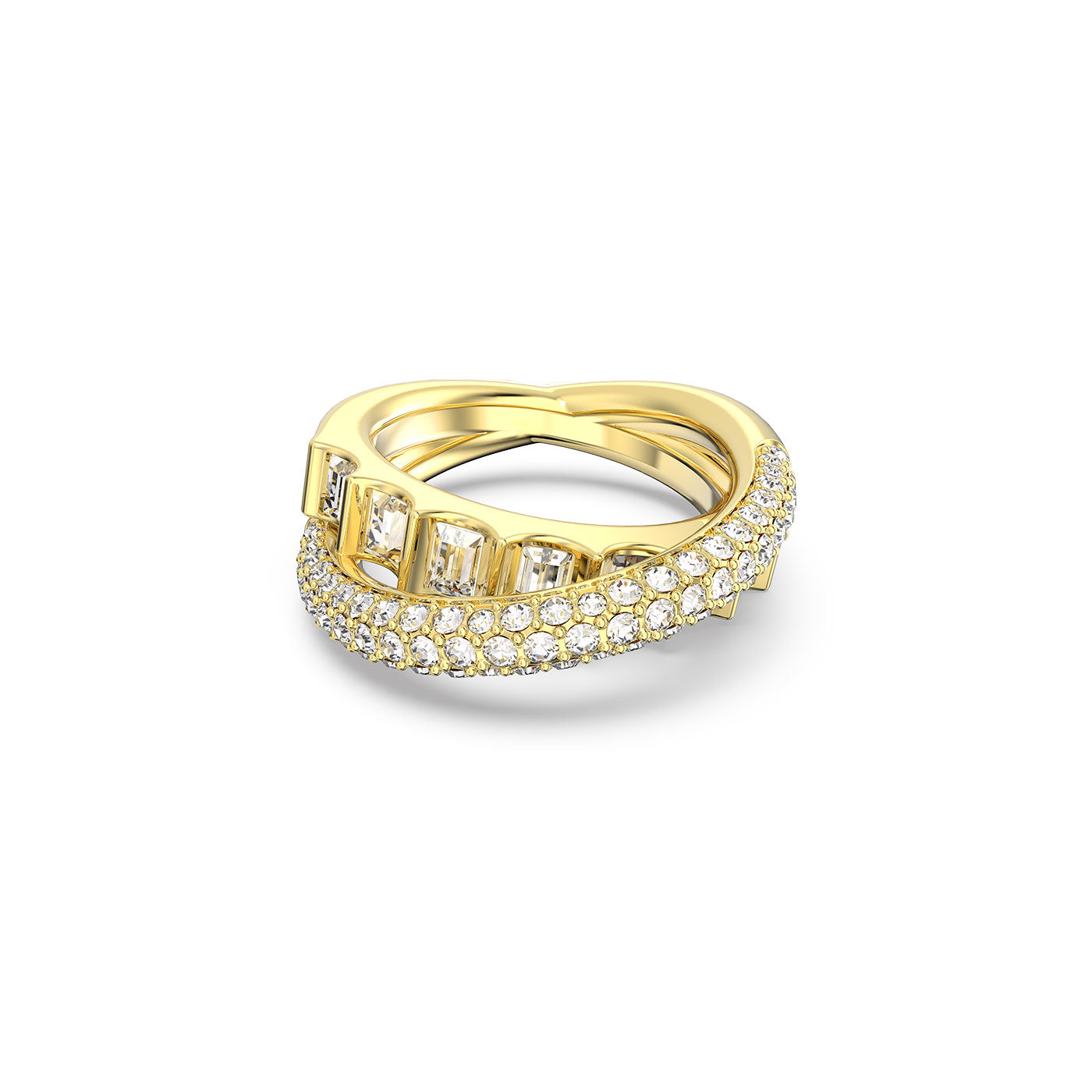 Introducing the Swarovski Mixed Cuts Rota Cocktail Ring by Swarovski: This stunning piece features a gold-tone plated double band design. One band is adorned with precision-cut rectangular gemstones, while the other shimmers with countless small round diamonds. Together, the intertwining bands form an elegant and dazzling masterpiece of jewelry.