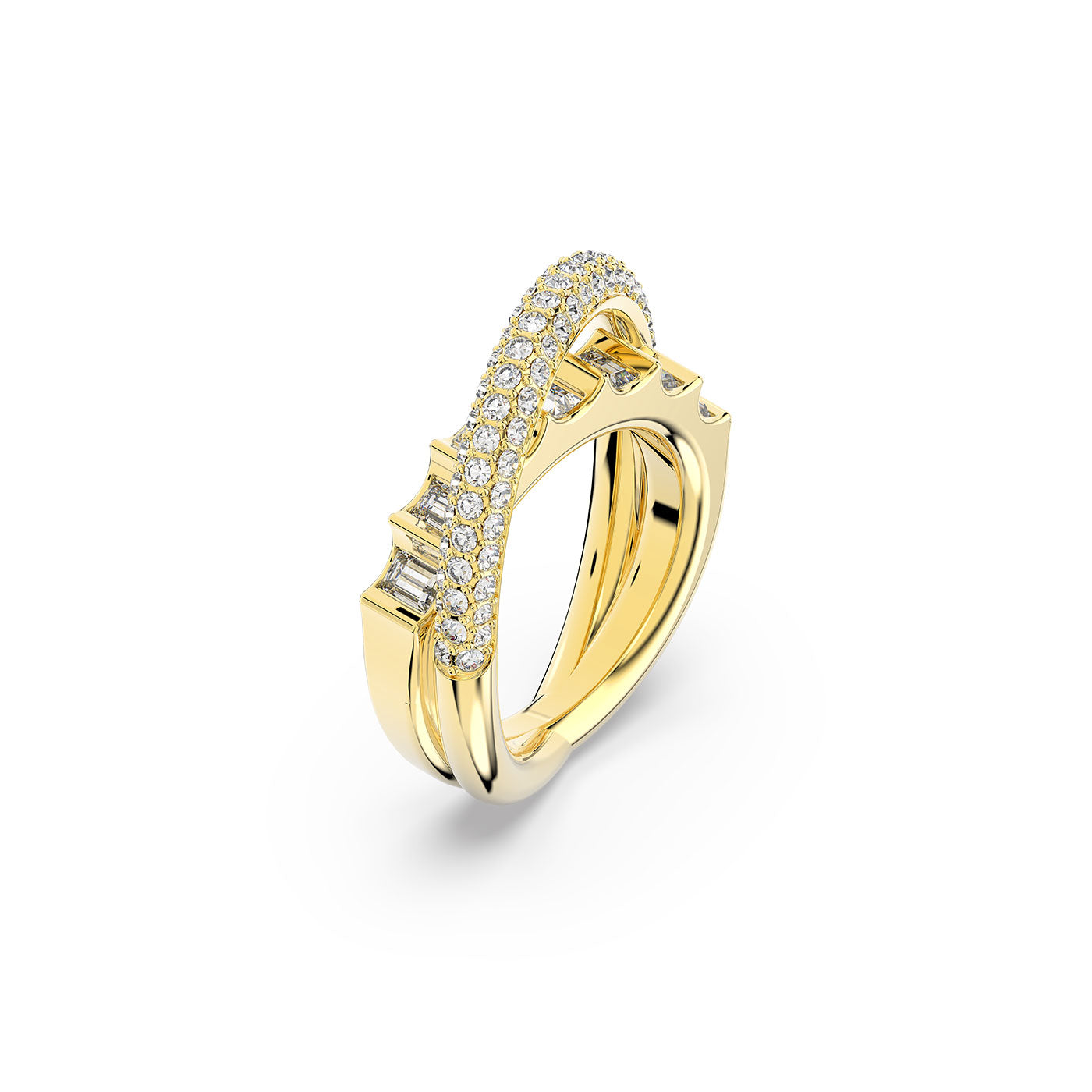 A gold-tone plated ring, the Swarovski Mixed Cuts Rota Cocktail Ring by Swarovski, boasts a unique design with a curved band encrusted with small diamonds and baguette-cut stones. The ring exudes a modern and elegant appearance, highlighting precise craftsmanship.