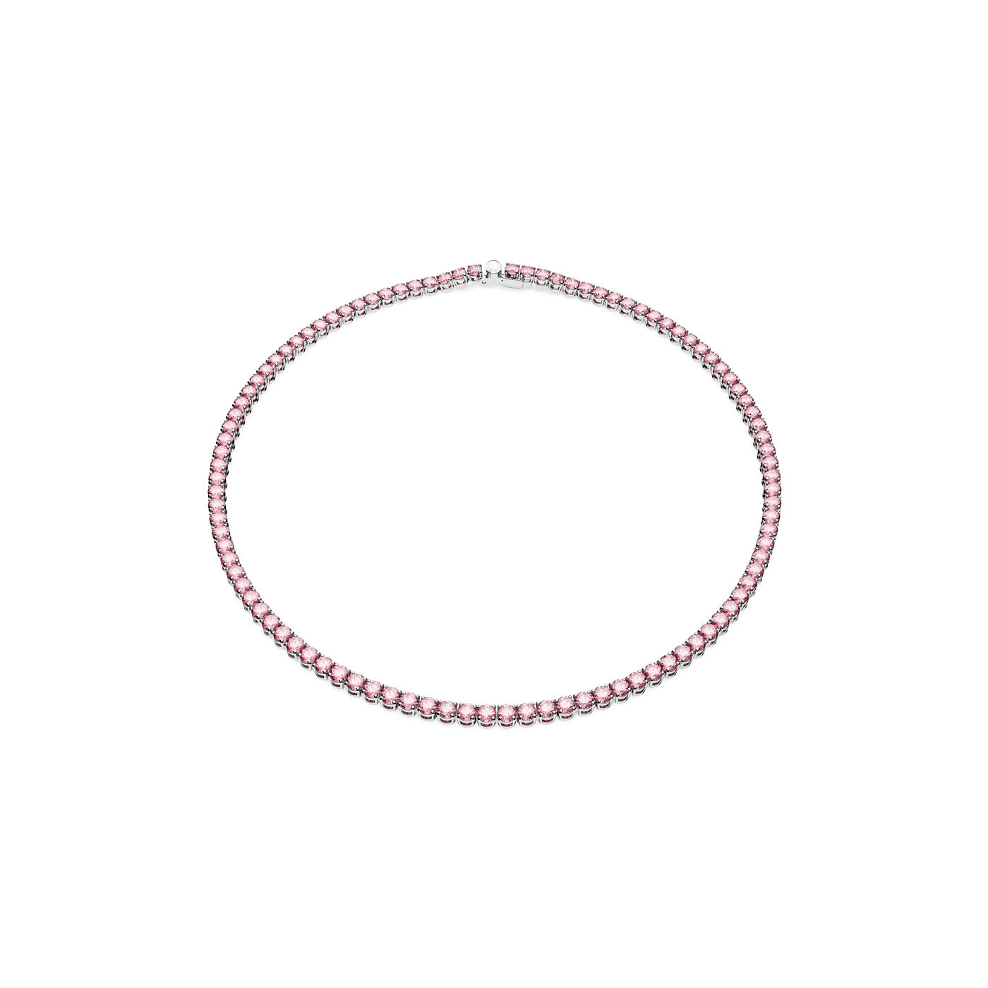 Introducing the Swarovski Small Pink Round Cut Crystal Matrix Tennis Necklace, a stunning choker featuring a continuous row of purplish pink crystals set in a rhodium-plated chain. These exquisite gems form an elegant circle, giving the piece both minimalist and sophisticated appeal.
