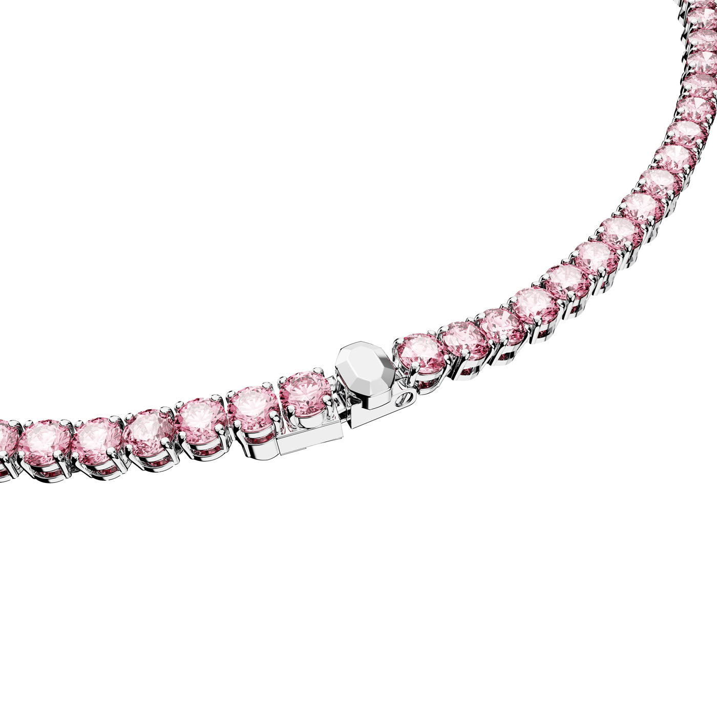 A close-up of the enchanting Swarovski Small Pink Round Cut Crystal Matrix Tennis Necklace, showcasing a series of purplish pink crystals set in a rhodium-plated chain, with the secure clasp visible. The necklace is arranged in a partial circle against a white background.