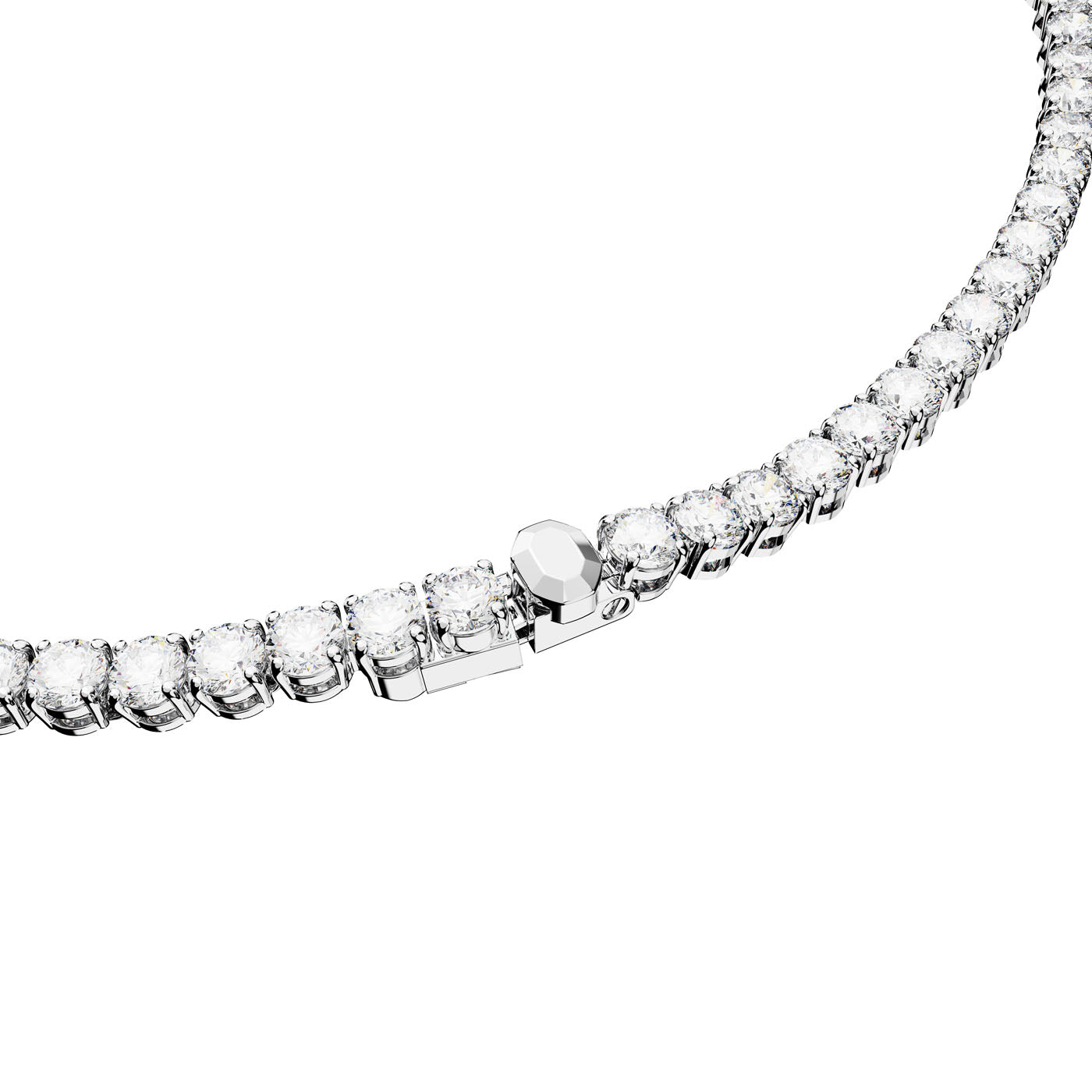 A close-up image of the Swarovski Round Cut Crystal Matrix Tennis Necklace, featuring shimmering clear stones set in a delicate metal chain with rhodium plating. The sleek clasp design showcases elegance and luxury against a plain white background.