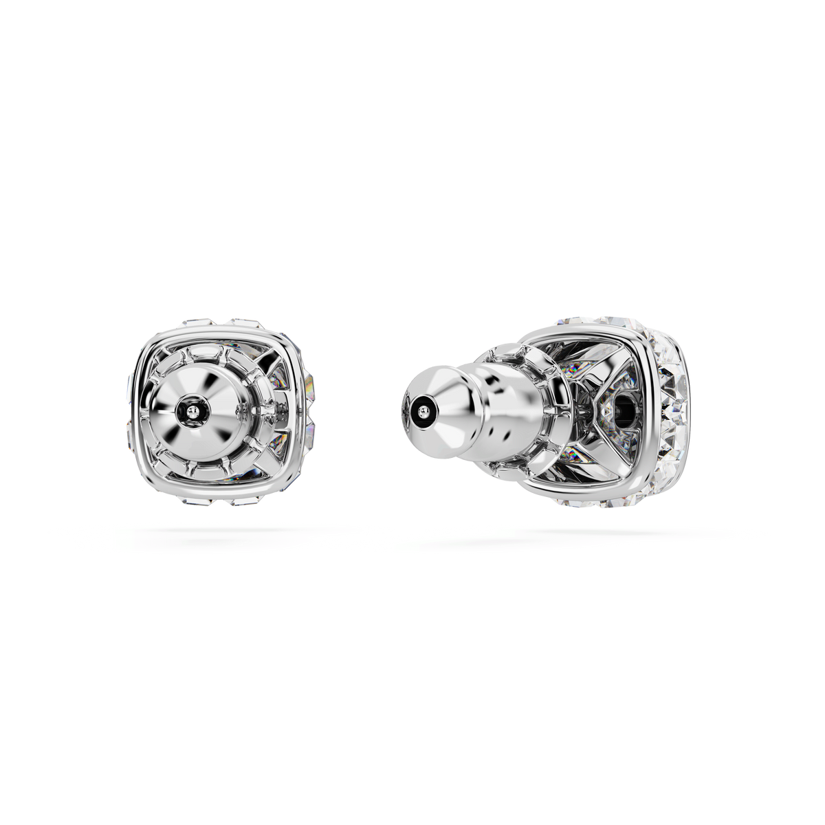 Two metallic, futuristic-looking wireless earbuds are shown on a plain white background; one displays the front and the other the side, highlighting their geometric, transparent design reminiscent of Swarovski’s signature elegance—much like the Swarovski Birthstone stud earrings Square cut for April in white rhodium plating.