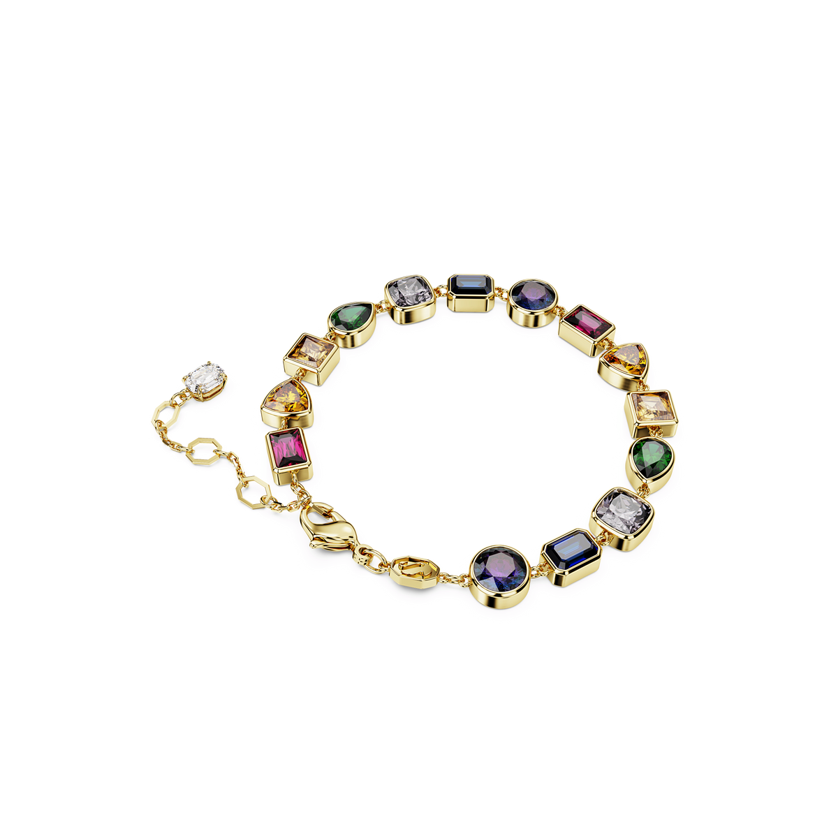 The Swarovski Imber bracelet features mixed-cut multicolored Swarovski Zirconia gemstones—both square and round—artfully arranged along an 18K gold finish chain. This elegant piece by Swarovski includes an adjustable clasp and is beautifully showcased against a white background.