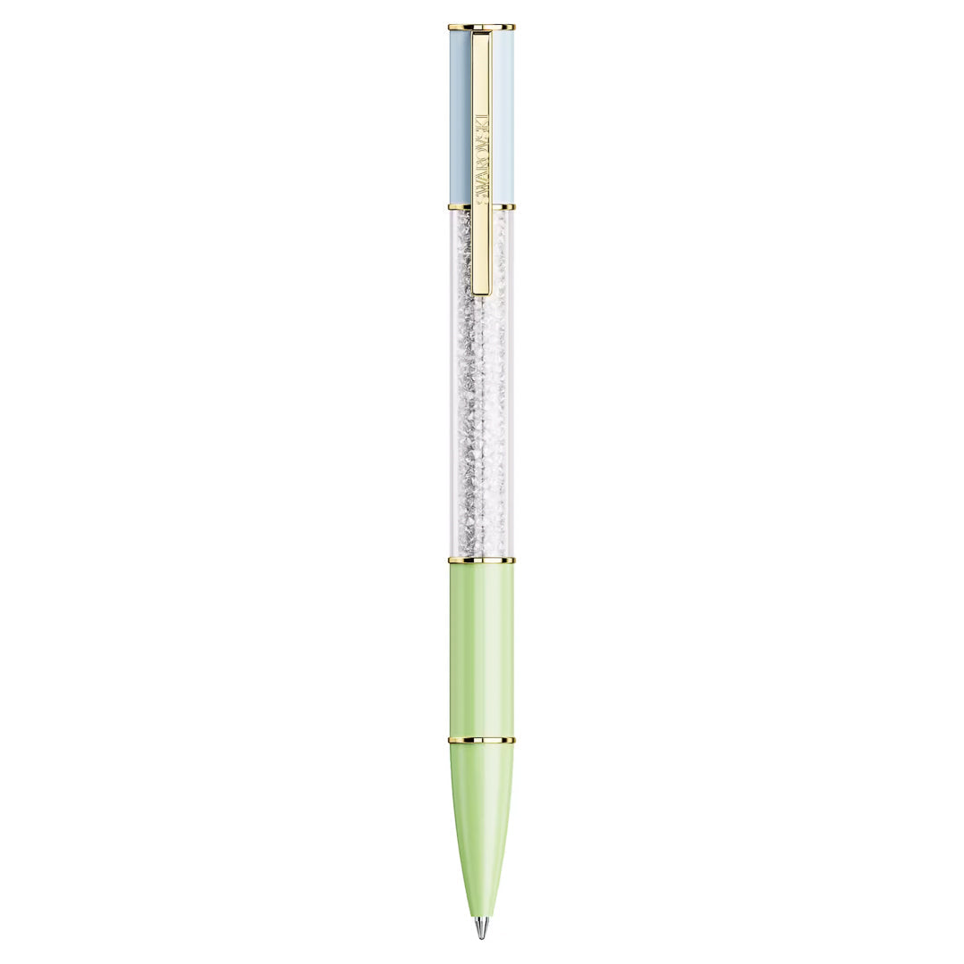 Introducing the Swarovski Crystalline Lustre Ballpoint Pen, a chic writing instrument featuring a light green grip, transparent barrel filled with glittering crystals, gold clip, and light blue top.