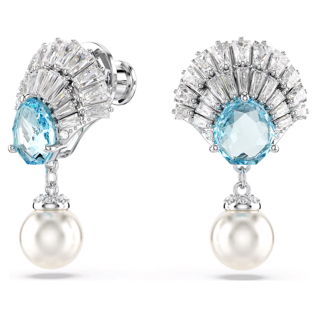 The Swarovski Idyllia Drop Earrings emanate elegance, featuring large oval light blue gemstones bordered by fan-shaped Swarovski Zirconia crystals and adorned with dangling Crystal Pearl drops. Their silver-tone setting further elevates their sophistication.