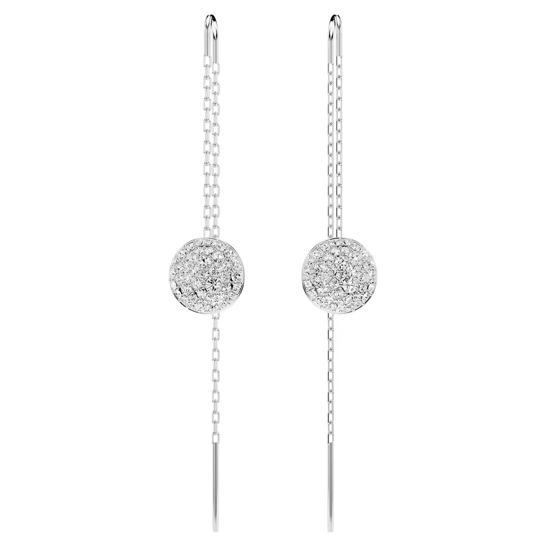 The Swarovski Sublima Drop Earrings by Swarovski feature a minimalist and contemporary design with delicate silver chains and circular clusters adorned with shimmering crystals. Elegantly rhodium-plated, these threader earrings bring a touch of sophistication to any outfit.