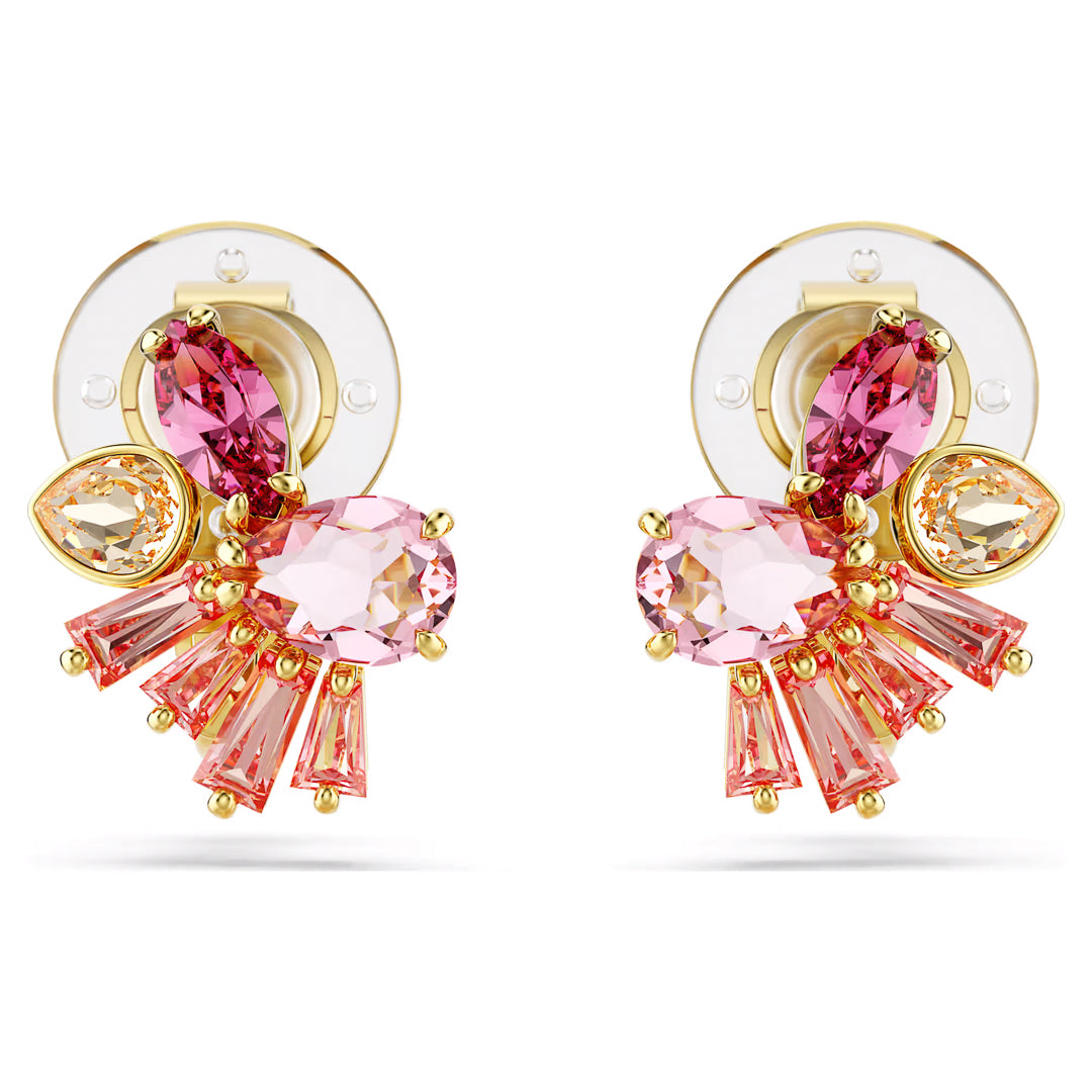 These Swarovski Gema Clip Earrings feature intricate designs with pink and peach gemstones in marquise, oval, and baguette cuts. Set in gold-tone metal, the floral and geometric design offers a dazzling layered appearance reminiscent of serene sakura gardens.