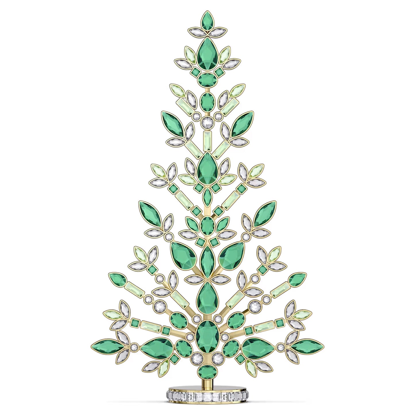 The Swarovski Gema Holiday Tree Home Décor features a sophisticated design, embellished with green crystals and clear gemstones in the shapes of leaves and teardrops on a white backdrop—ideal for enhancing your holiday decorations.