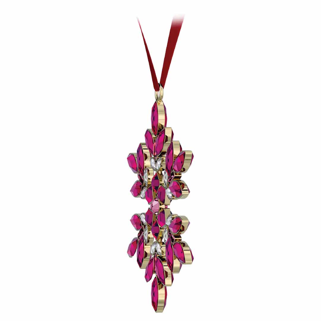 The Swarovski Gema Holiday Ornament Home Décor features a gold pendant with a cluster design of marquise-shaped pink gems and clear round stones, reminiscent of snowflake ornaments, suspended from a red ribbon. It's the perfect holiday decoration to add a touch of elegance.