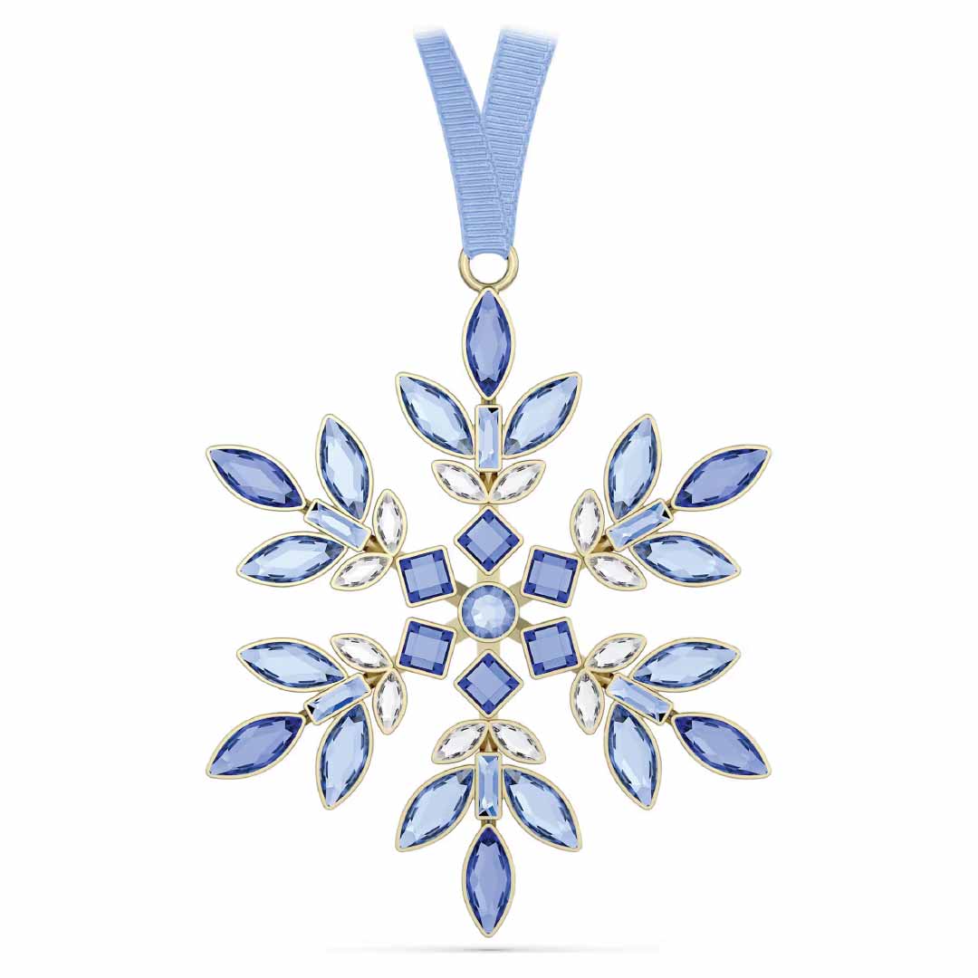 This Swarovski Gema Holiday Ornament Home Décor piece features a captivating crystal arrangement with symmetrically placed light and dark blue crystals, complete with a ribbon for easy hanging.
