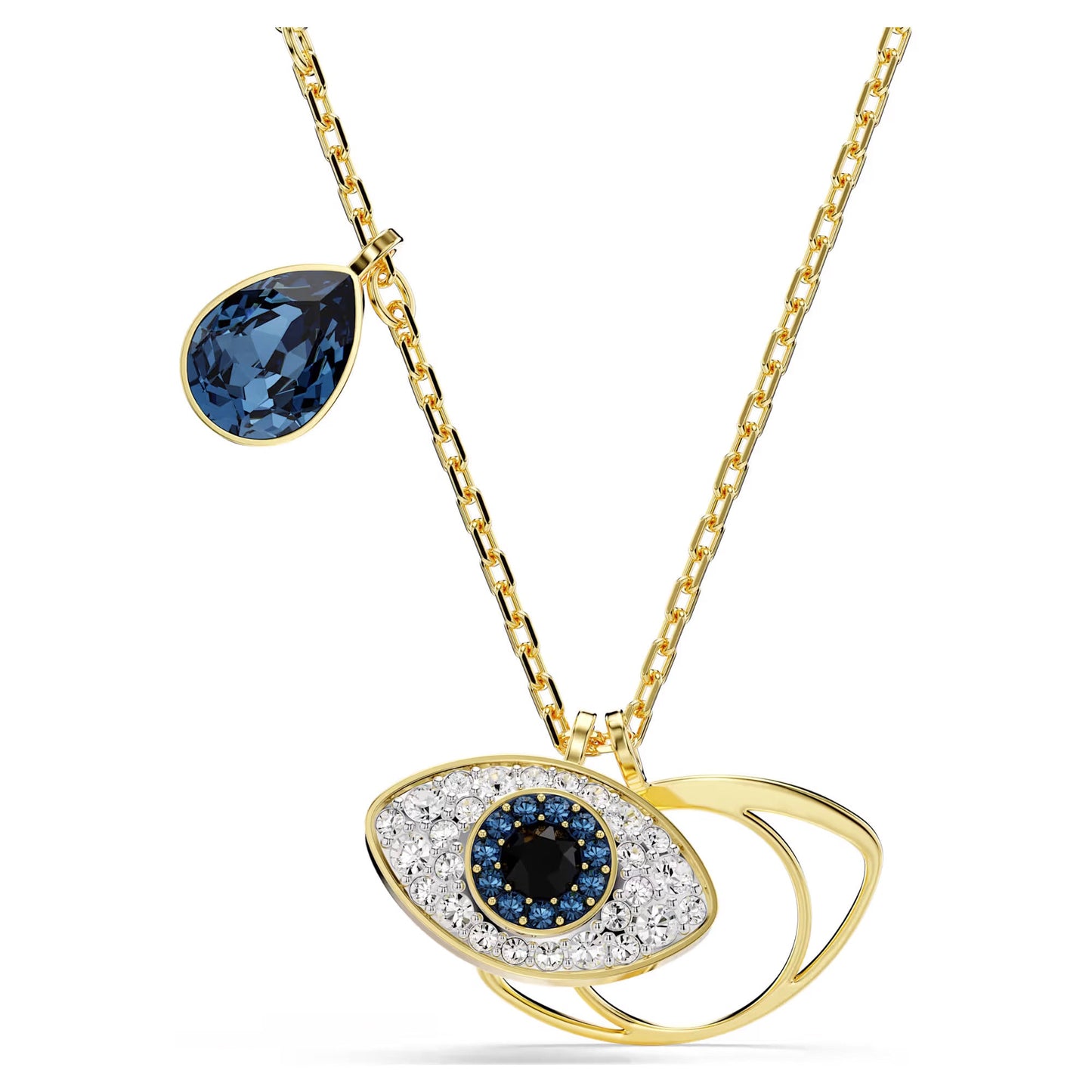 The Swarovski Symbolica Evil Eye Necklace Pendant by Swarovski is a gold necklace adorned with an evil eye motif. Its stunning design includes a blue center encircled by clear stones, while a teardrop-shaped blue gemstone hangs gracefully from the delicate chain.