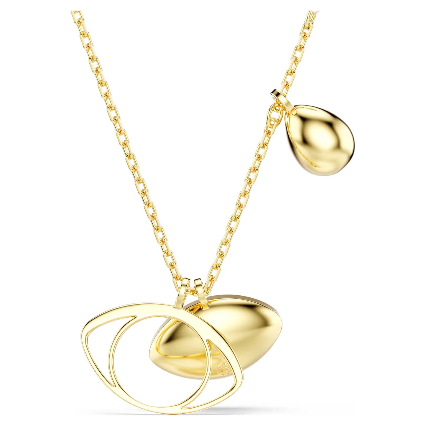 Introducing the Swarovski Symbolica Evil Eye Necklace Pendant, a gold necklace featuring a distinct eye-shaped design by Swarovski. It showcases an evil eye motif paired with a teardrop charm, with an open circular center and the teardrop elegantly hanging from the chain. The jewelry is beautifully presented against a white background.