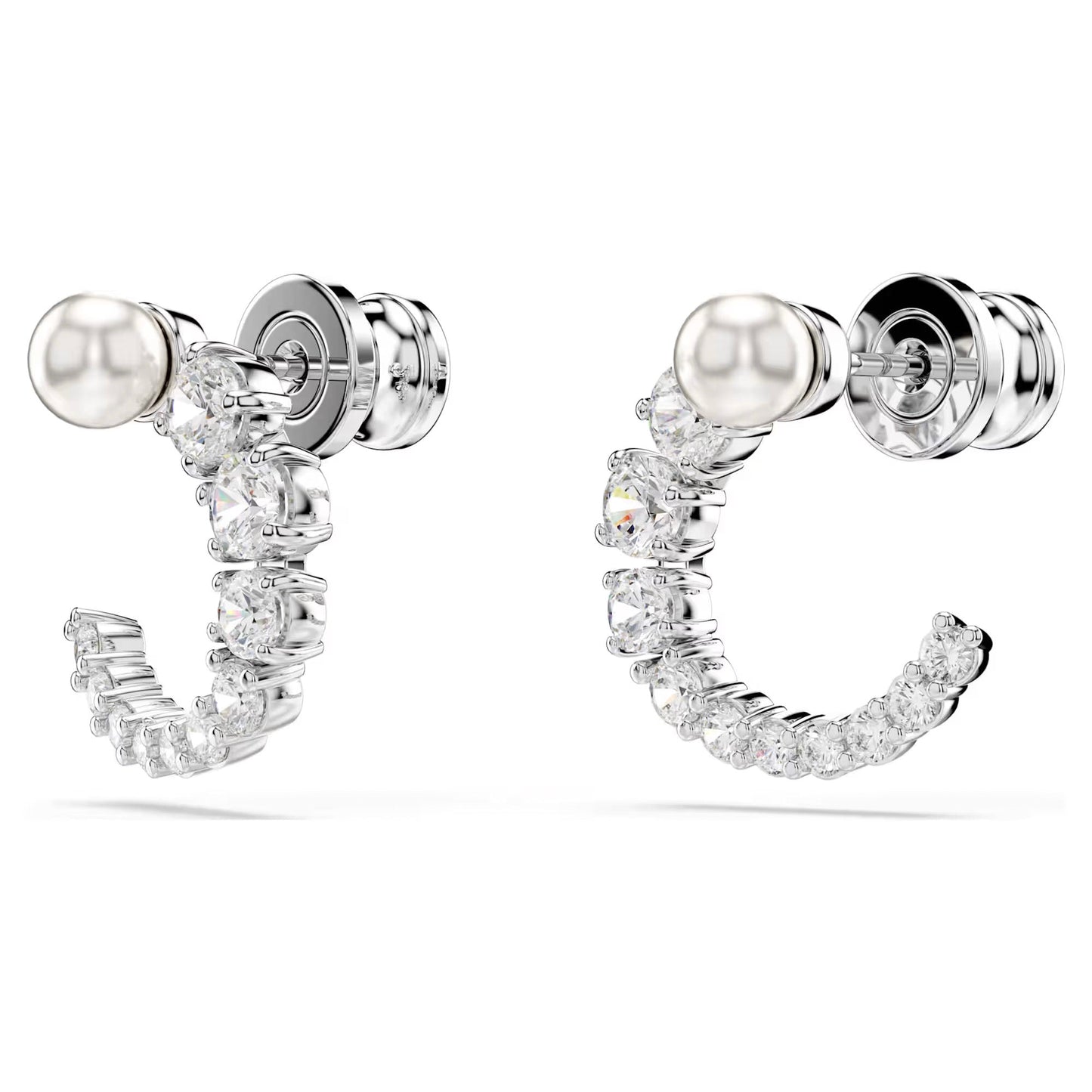 The Swarovski Matrix Hoop Earrings from Swarovski feature a rhodium-plated silver half-hoop design adorned with dazzling Swarovski Zirconia, enhanced by a shimmering crystal pearl and completed with a round metal backing.
