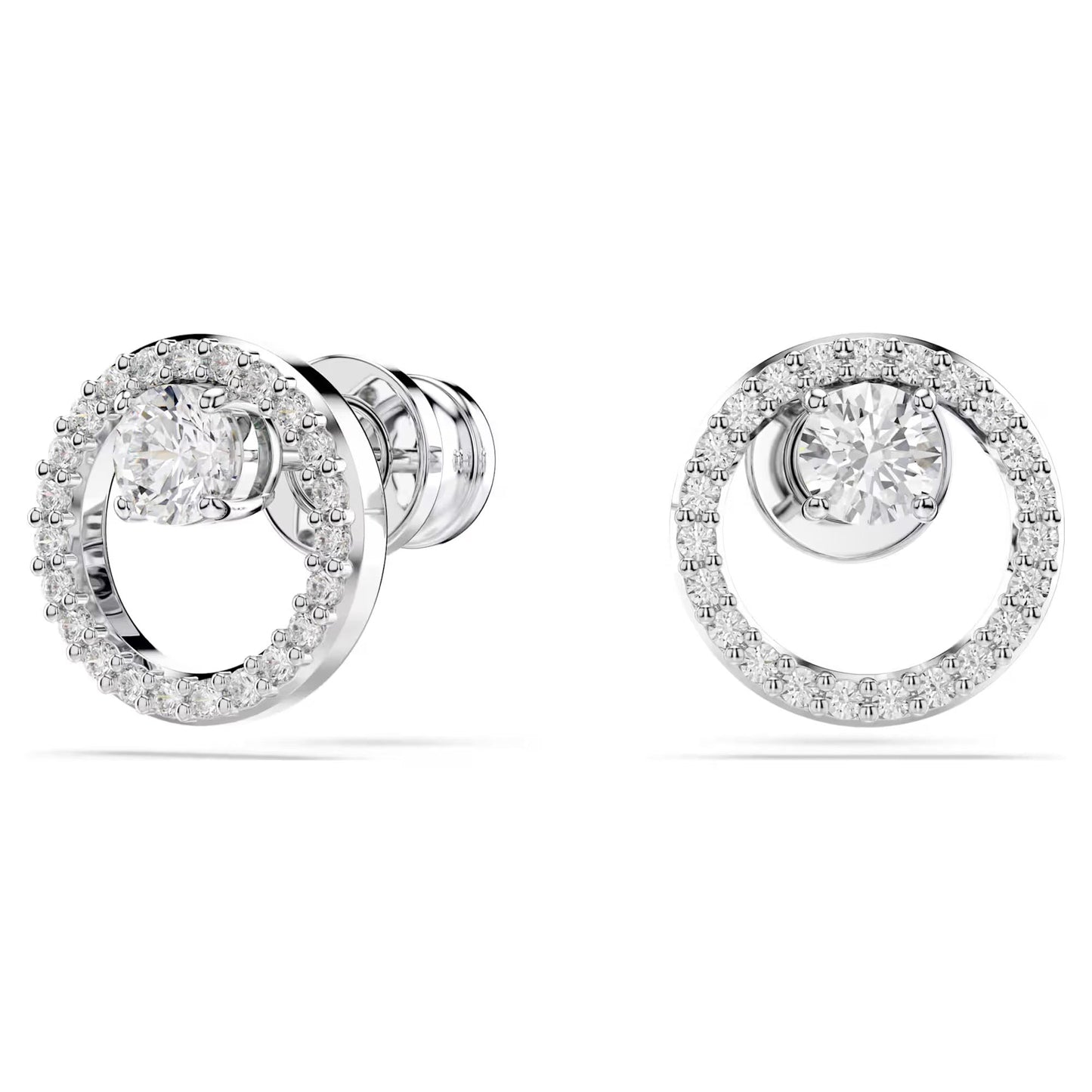 The Swarovski Constella Stud Earrings showcase a pair of elegant designs featuring circular arrangements adorned with small Swarovski Zirconia. Each earring is rhodium-plated with a central, larger zirconia that is secured in place to provide a sparkling and sophisticated look against a white backdrop.