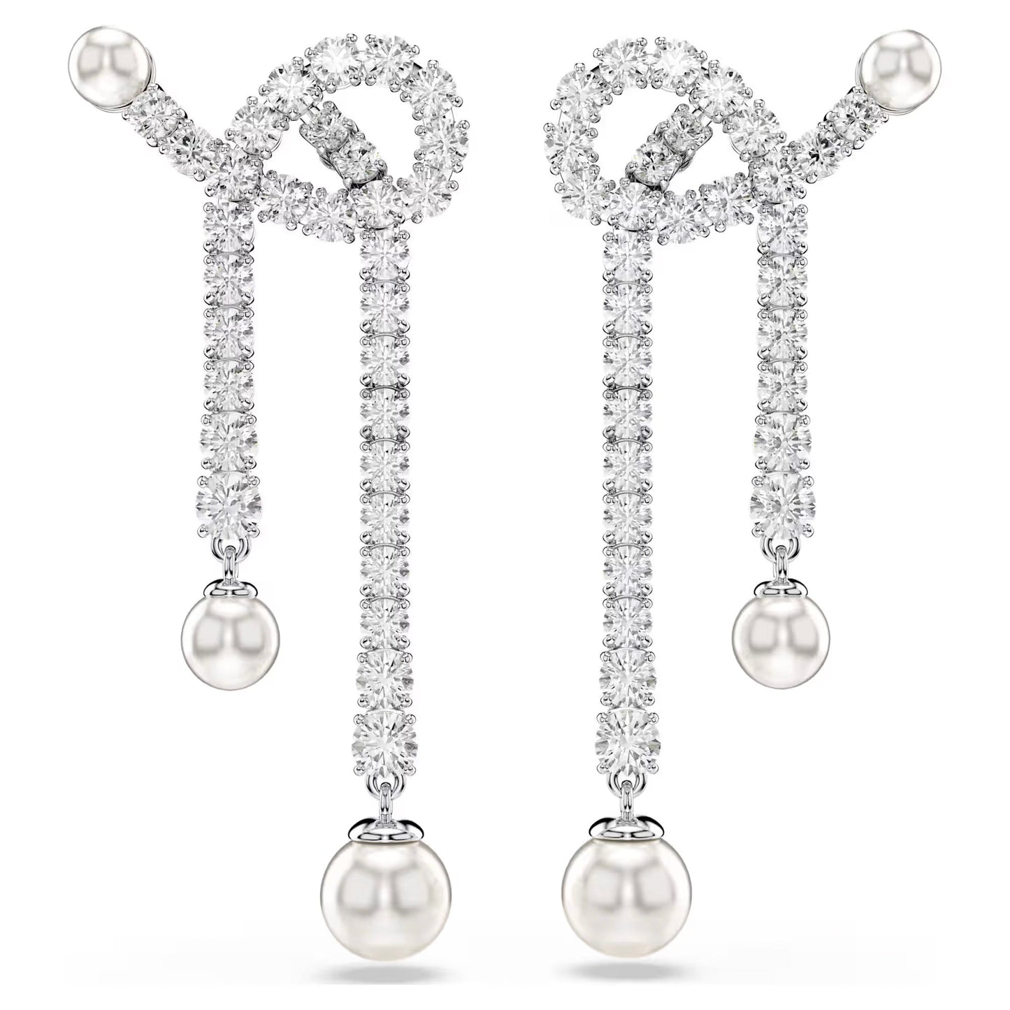 Introducing the Swarovski Matrix Drop Earrings by Swarovski: These elegant dangling earrings showcase a sparkling crystal loop design adorned with Swarovski Zirconia and an array of gemstones, culminating in a single drop of Swarovski Crystal Pearl. They exude sophisticated luxury.