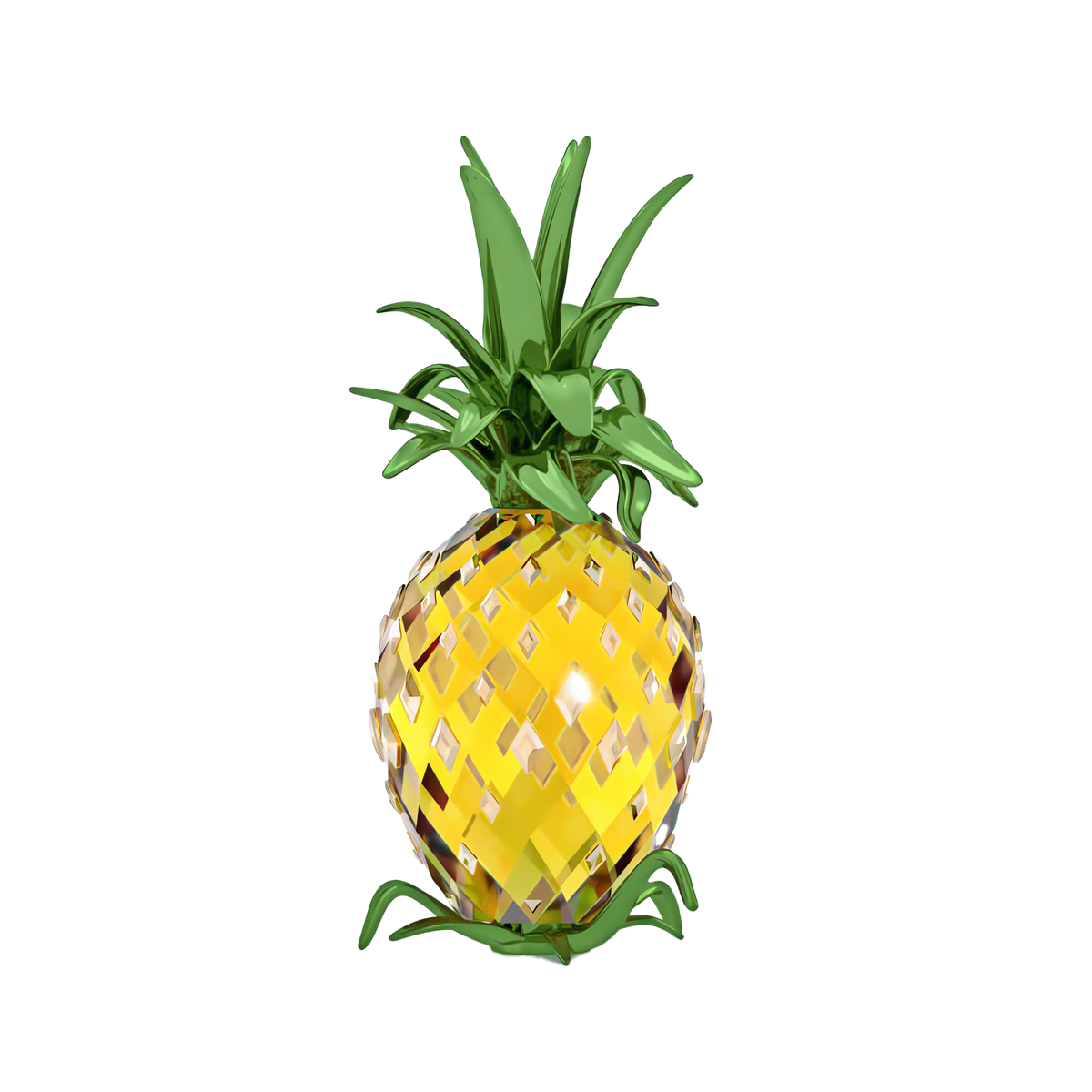 A sparkling digital illustration of the Swarovski Idyllia Pineapple by Swarovski, featuring a faceted yellow body and vibrant green leaves against a plain white background—ideal as inspiration for crystal décor or as a distinctive tropical home decor accent.