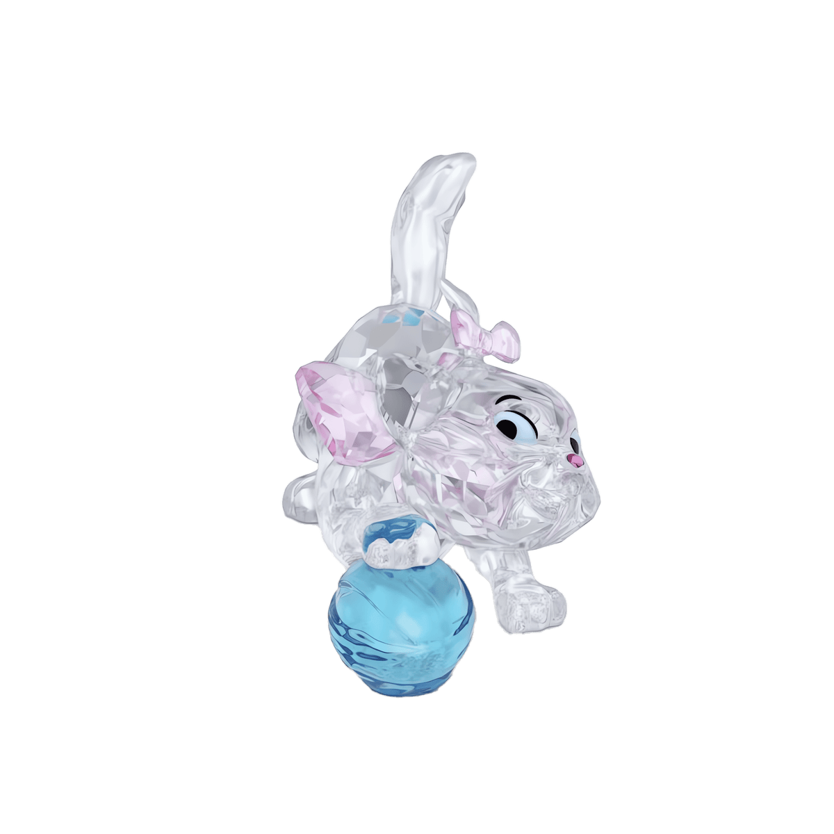 Introducing Swarovski Disney Classics The Aristocats - Marie by Swarovski—a charming crystal figurine capturing the playful spirit of Marie, the beloved kitten from Disney’s Aristocats. Featuring pink ears and a bow, this collectible showcases Marie crouched with her tail raised as she paws at a small blue ball. Crafted from clear, faceted Swarovski crystal and adorned with a smiling face, it makes an enchanting gift for any Disney fan.