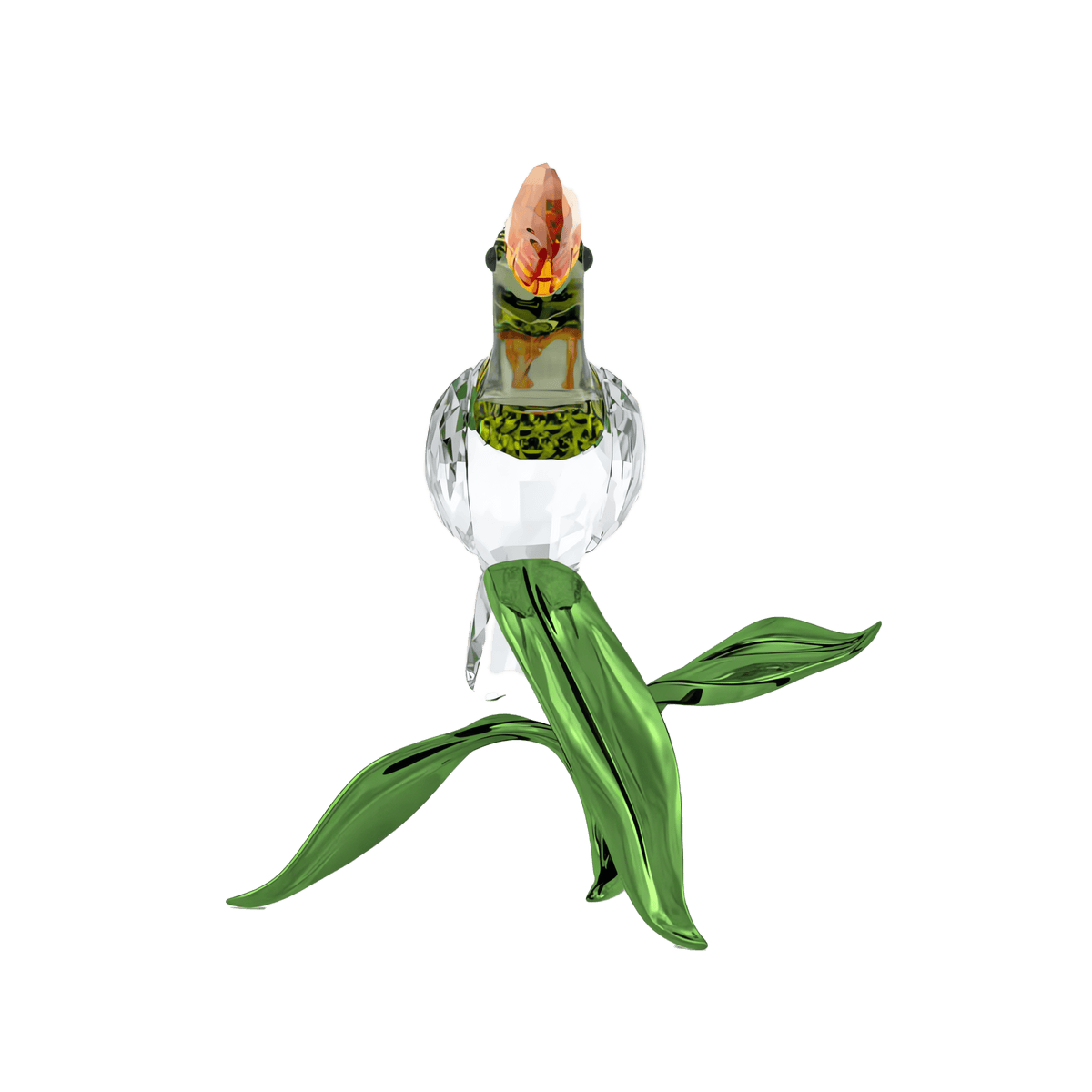 A stunning Swarovski Idyllia Toucan glass sculpture, featuring intricate green leaves, a clear bulb, and an orange-tinted blossom emerging at the top—its vibrant elegance makes it an ideal accent for tropical home décor, showcased against a plain white background.