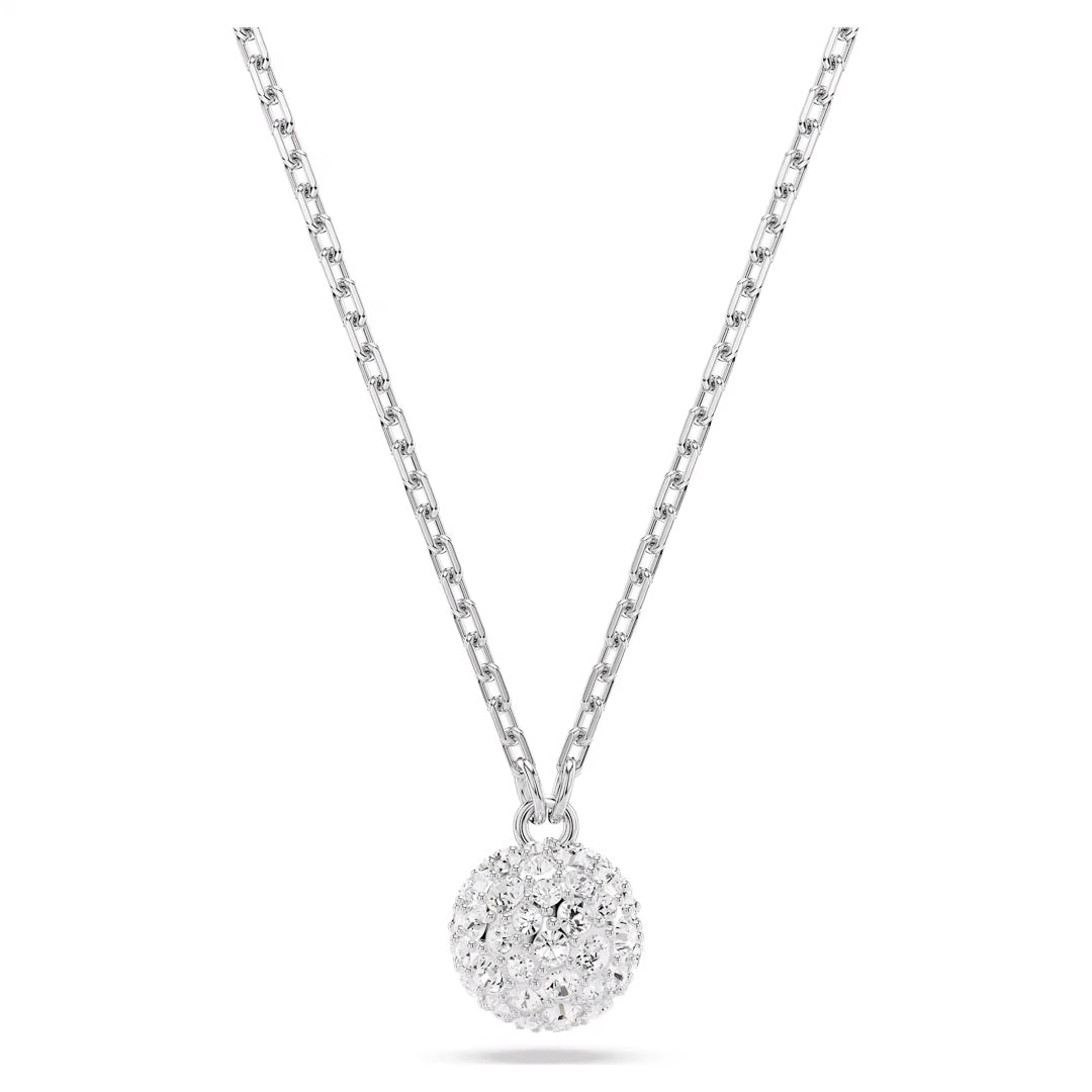 The Swarovski Dextera Necklace Pendant by Swarovski showcases an elegant silver chain paired with a rhodium-plated pendant, embellished with round, sparkling diamonds or clear crystals. Its stunning design catches the light beautifully, ensuring it stands out in any setting.