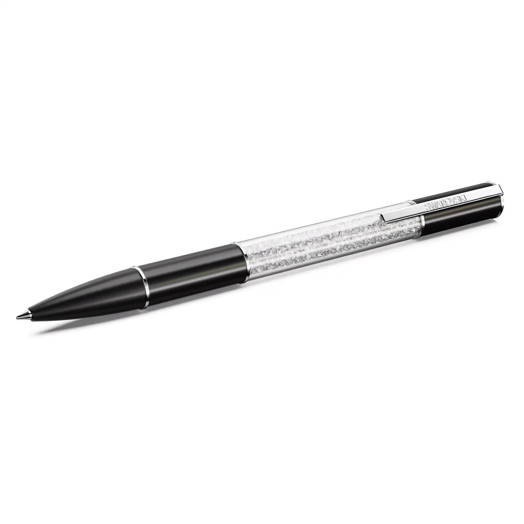 The Swarovski Crystalline Lustre Ballpoint Pen, featuring a black and silver design with a sleek appearance, a clear barrel partially filled with Crystalline Lustre crystals, and a cap clip, is positioned at a slight angle against a plain white background.