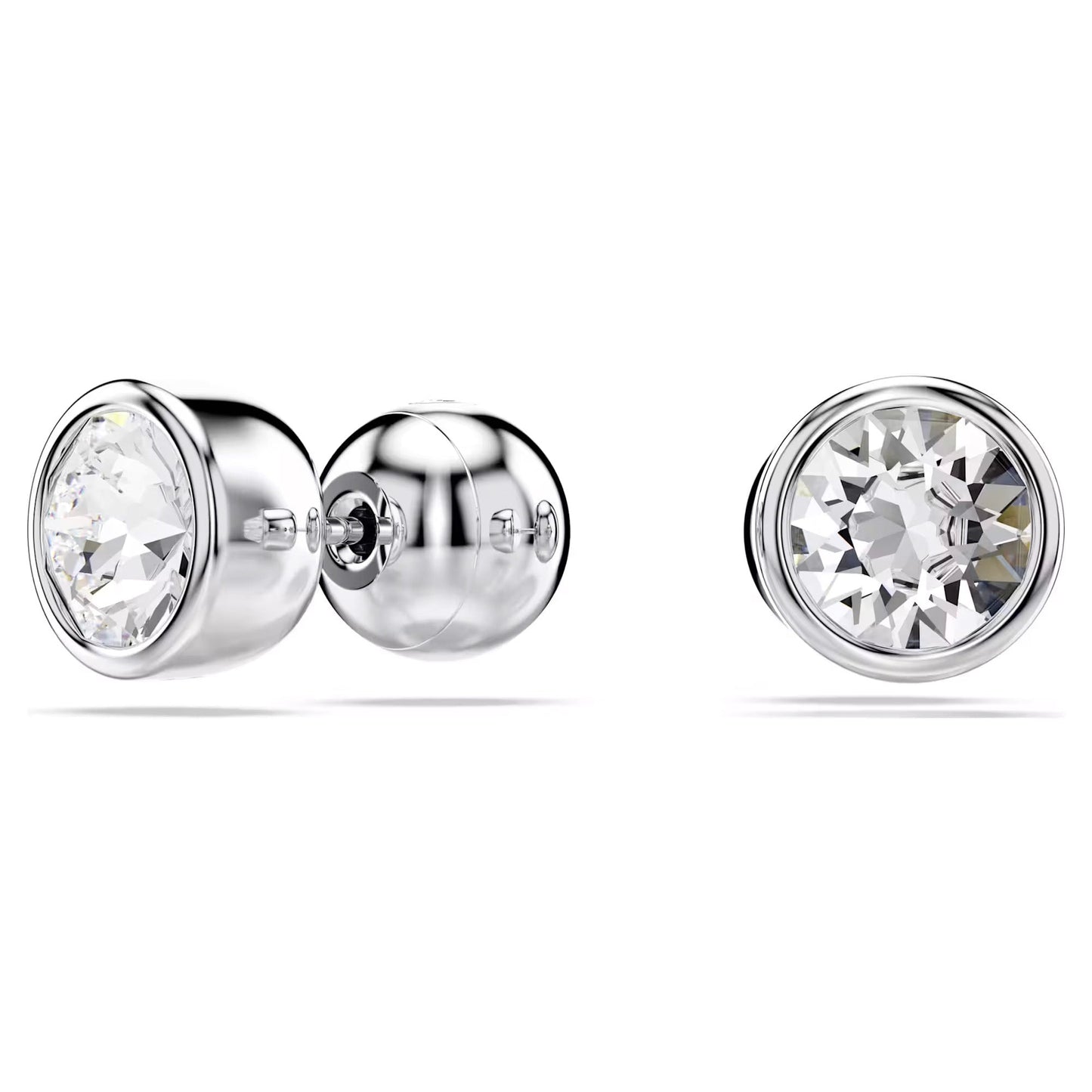 Close-up image of the Swarovski Imber Stud Earrings, featuring round, clear gemstones set in a smooth bezel setting. The rhodium-plated finish enhances their shine against the white background, showcasing an elegant design characteristic of Swarovski craftsmanship.