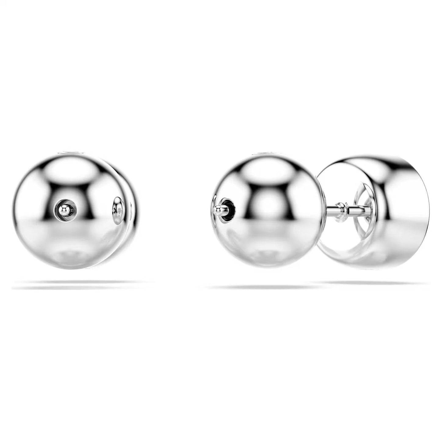 The Swarovski Imber Stud Earrings are elegant accessories featuring a simple design and smooth, shiny silver surfaces. Rhodium plated for an added touch of sophistication, they are shown against a plain white background.