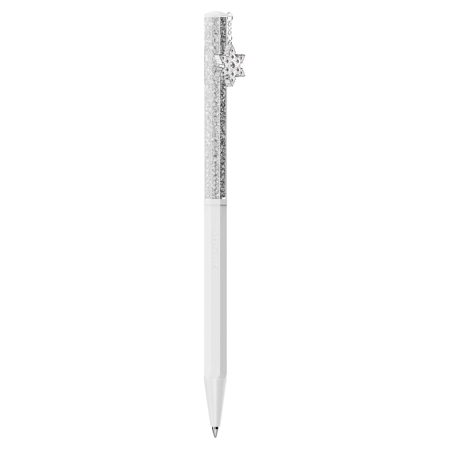 The Swarovski Crystalline Ballpoint Pen, crafted by Swarovski, is a luxurious writing instrument in white, adorned with dazzling stone embellishments on the cap using the renowned Swarovski Crystalline technique. An exquisite star-shaped charm elegantly enhances this Annual Edition pen.