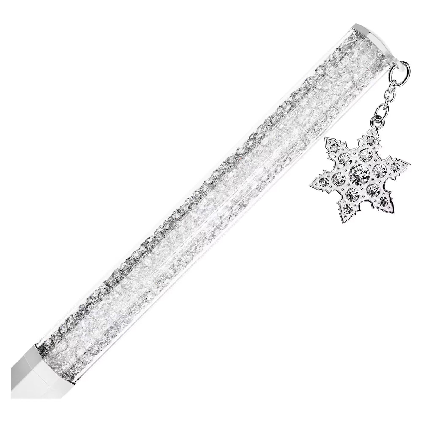 A Swarovski Crystalline Ballpoint Pen featuring a transparent barrel packed with clear crystals crafted using the Swarovski technique. It includes an attached silver snowflake charm adorned with smaller crystals and showcases a sleek, shiny silver finish on both ends.