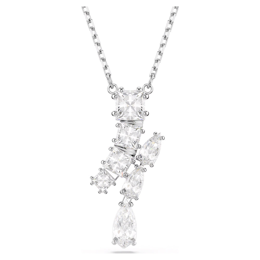 The Swarovski Matrix Necklace Pendant by Swarovski is an elegant rhodium-plated silver necklace, showcasing a pendant adorned with multiple sparkling, geometric-cut Swarovski Zirconia crystals arranged in a cascading design.