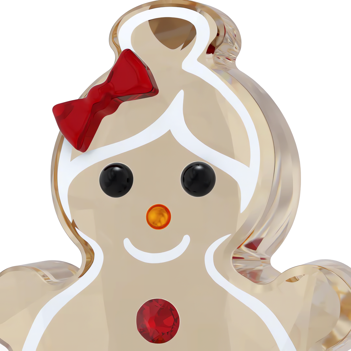 A clear Swarovski Holiday Cheers Gingerbread Girl ornament features black button eyes, an orange nose, a red bow on her head, a sparkling red gem on her chest, and a cheerful smile. Set against a plain white background, this charming figurine from the Swarovski Holiday Cheers Gingerbread Ornament Set makes an exquisite holiday gift for any collector.