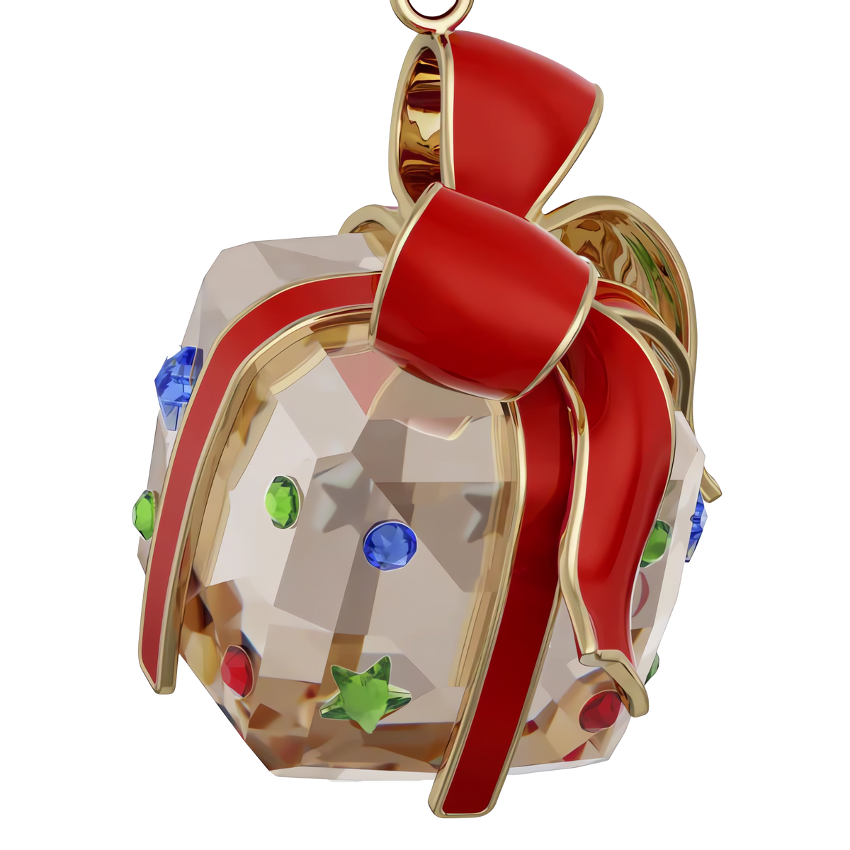 The Swarovski Holiday Cheers Gift Ornament by Swarovski features a faceted crystal design in the shape of a gift box, adorned with colorful jewel accents and topped with a large red ribbon edged in gold. Perfect for adding festive charm to any tree, this ornament is beautifully showcased against a plain white background.