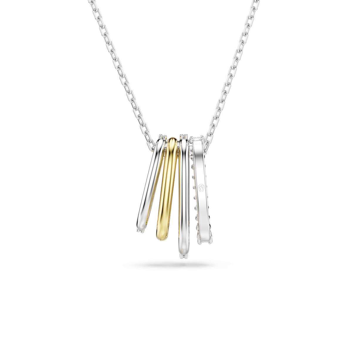 A Swarovski Hyperbola pendant necklace featuring mixed cuts and a white Swarovski Zirconia, elegantly set among five ring-shaped pendants in silver and gold-tone finishes, displayed on a plain white background.