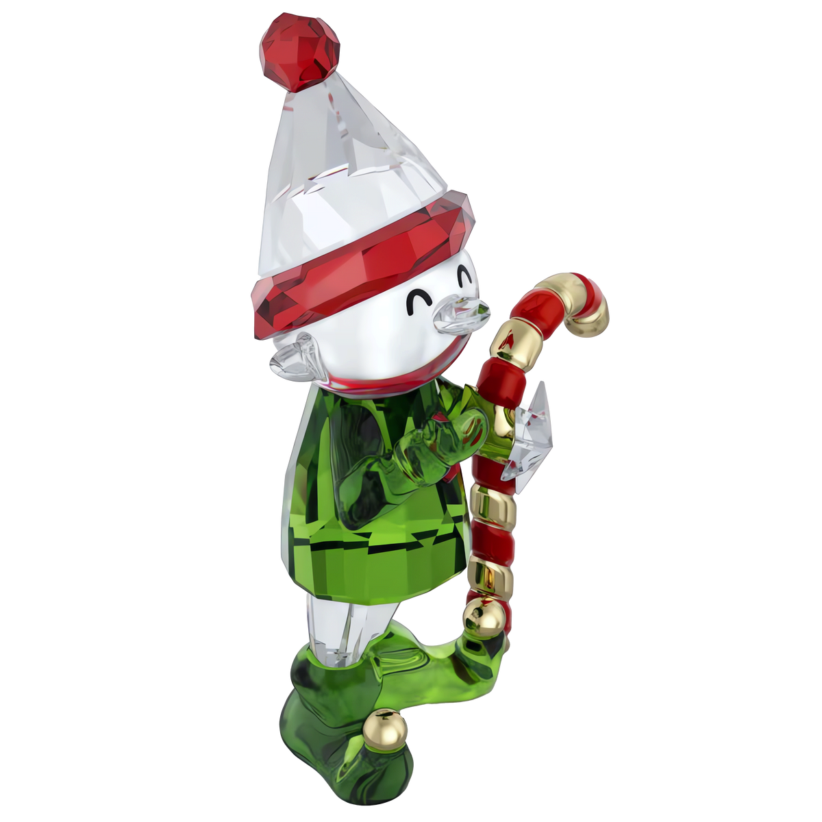 The Swarovski Holiday Cheers Dulcis Elf and Candy Cane figurine by Swarovski features a cheerful elf wearing a green outfit with a red and white hat and boots, joyfully holding a red and white candy cane. With its whimsical smile, this sparkling piece is the perfect holiday decoration to brighten any space.