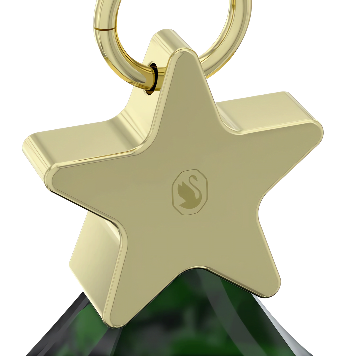 Introducing the Swarovski Holiday Cheers Holiday Tree Ornament—this radiant Christmas decoration shines with a gold star-shaped pendant showcasing Swarovski’s iconic swan logo at its center. Suspended from a ring, it rests gracefully atop a faceted, gem-like green base, adding festive elegance to your holiday décor.