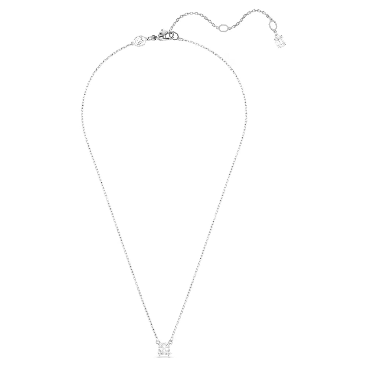 Swarovski Stilla Attract Square Cut Necklace Pendant: An elegant silver necklace by Swarovski, showcasing a small crown charm adorned with Swarovski Zirconia, complete with an adjustable chain and a lobster clasp closure.
