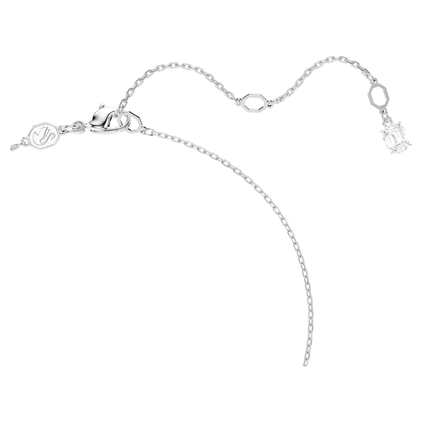 The Swarovski Stilla Attract Necklace Pendant is an elegant silver piece, rhodium-plated for added luster, featuring an adjustable chain with a clasp. It showcases a square-cut Swarovski Zirconia charm and geometric links.
