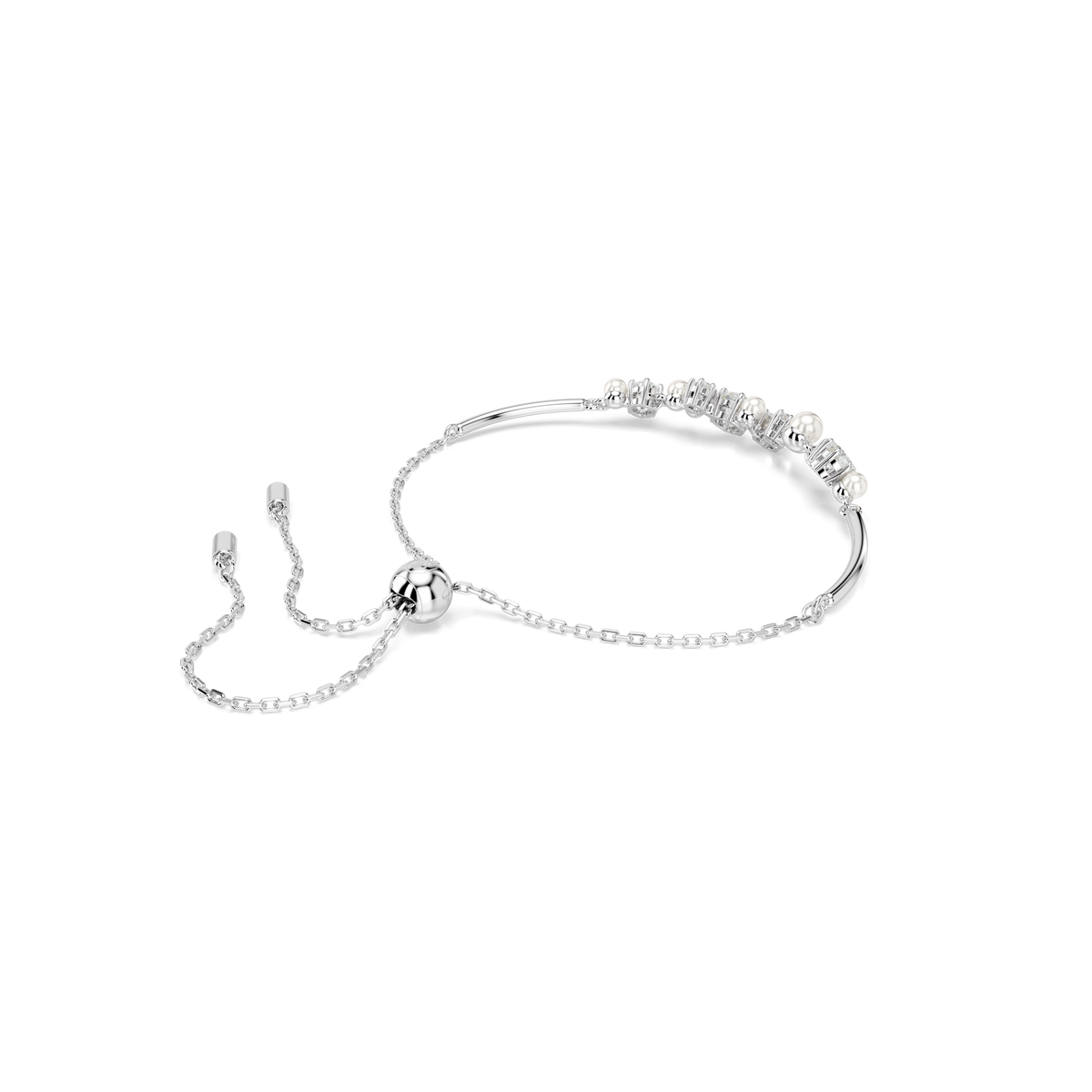 The Swarovski Constella bangle by Swarovski is a refined rhodium-plated bracelet, adorned with crystal pearls and round-cut white stones evenly spaced along the band. The bangle features an elegant design and is showcased against a white background.