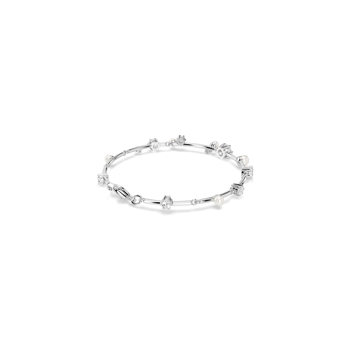 The Swarovski Constella Tennis bracelet by Swarovski, a delicate silver accessory embellished with shimmering stones inspired by the sparkling elegance of Swarovski Canada collections, is showcased on a plain white background.
