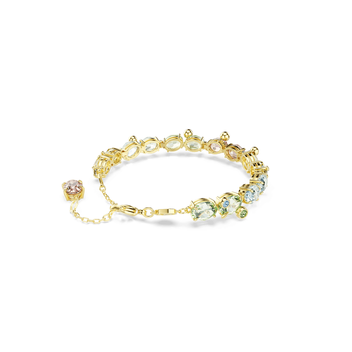 Swarovski Gema bracelet, featuring mixed-cut, multicolored crystals and an elegant 18K gold finish, showcased on a plain white background.