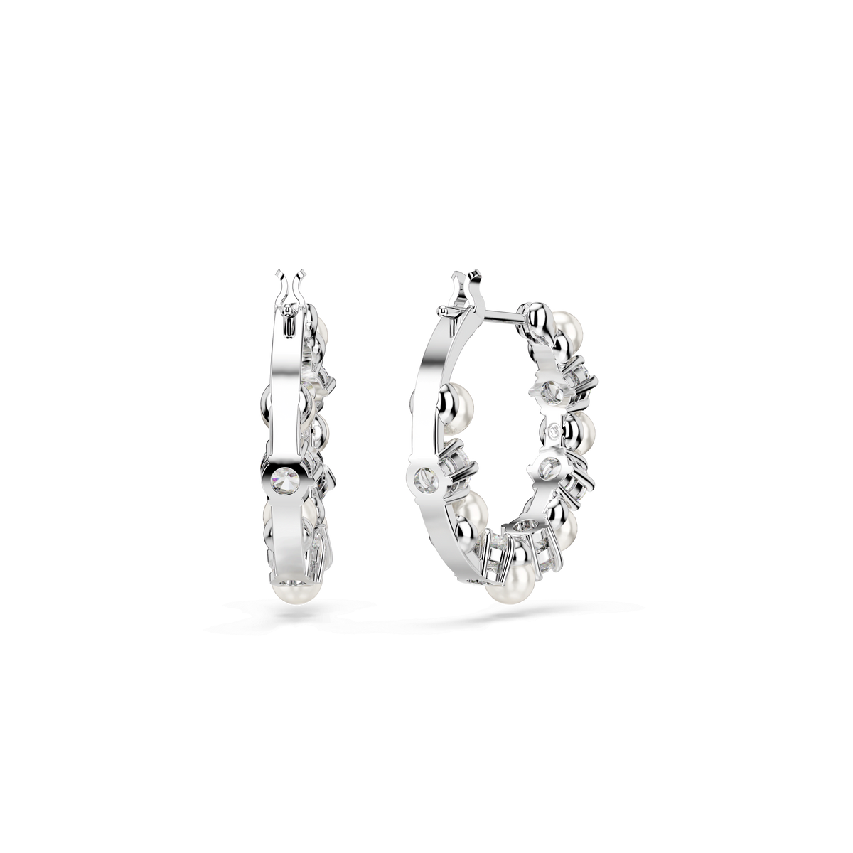 A pair of Swarovski Matrix hoop earrings, featuring round-cut white crystal pearls and sparkling Swarovski zirconia set in rhodium-plated silver, displayed against a plain white background.