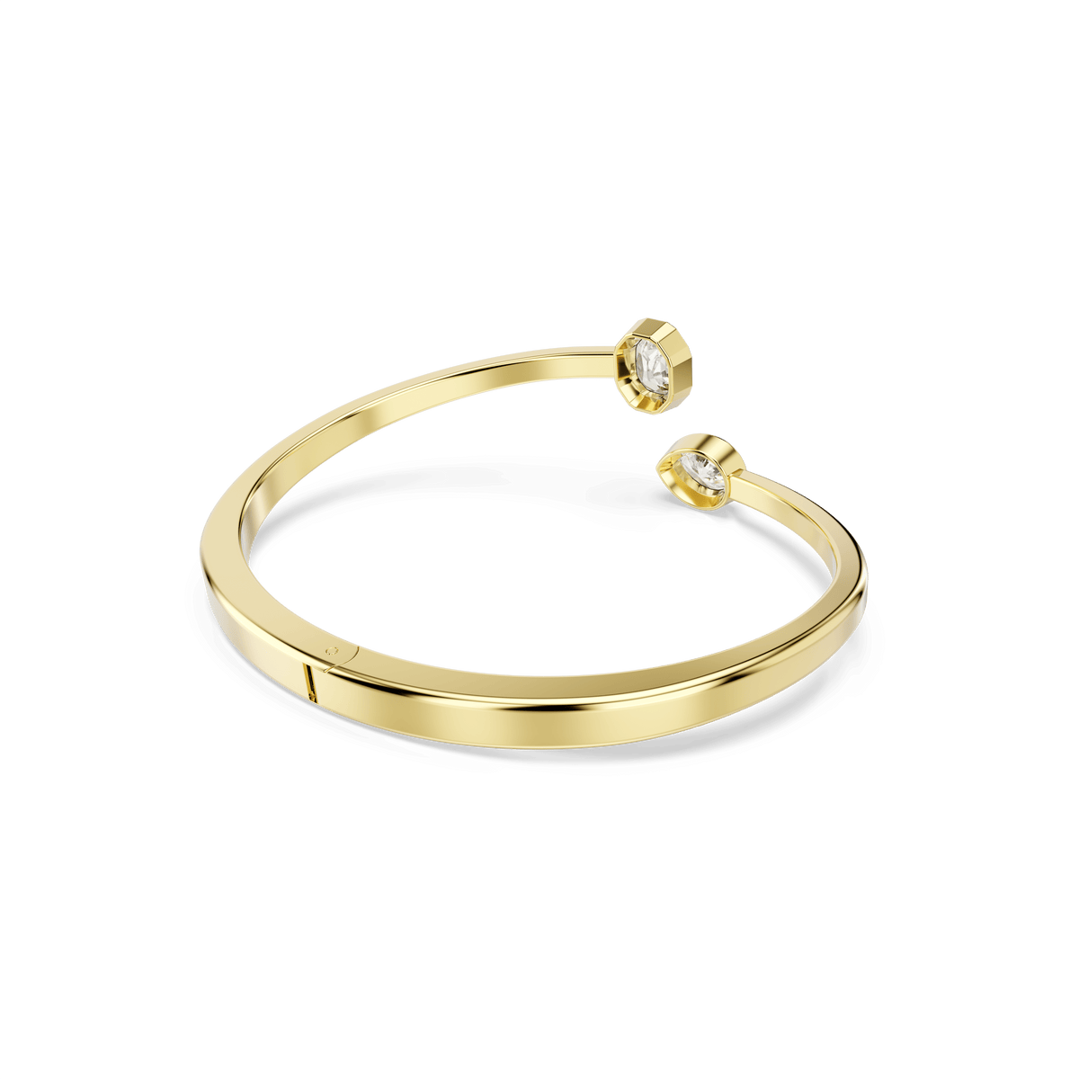 The Swarovski Imber bangle—crafted with a gleaming 18K gold finish—showcases mixed-cut, white Swarovski Zirconia accents at each end, elegantly presented against a clean white background.