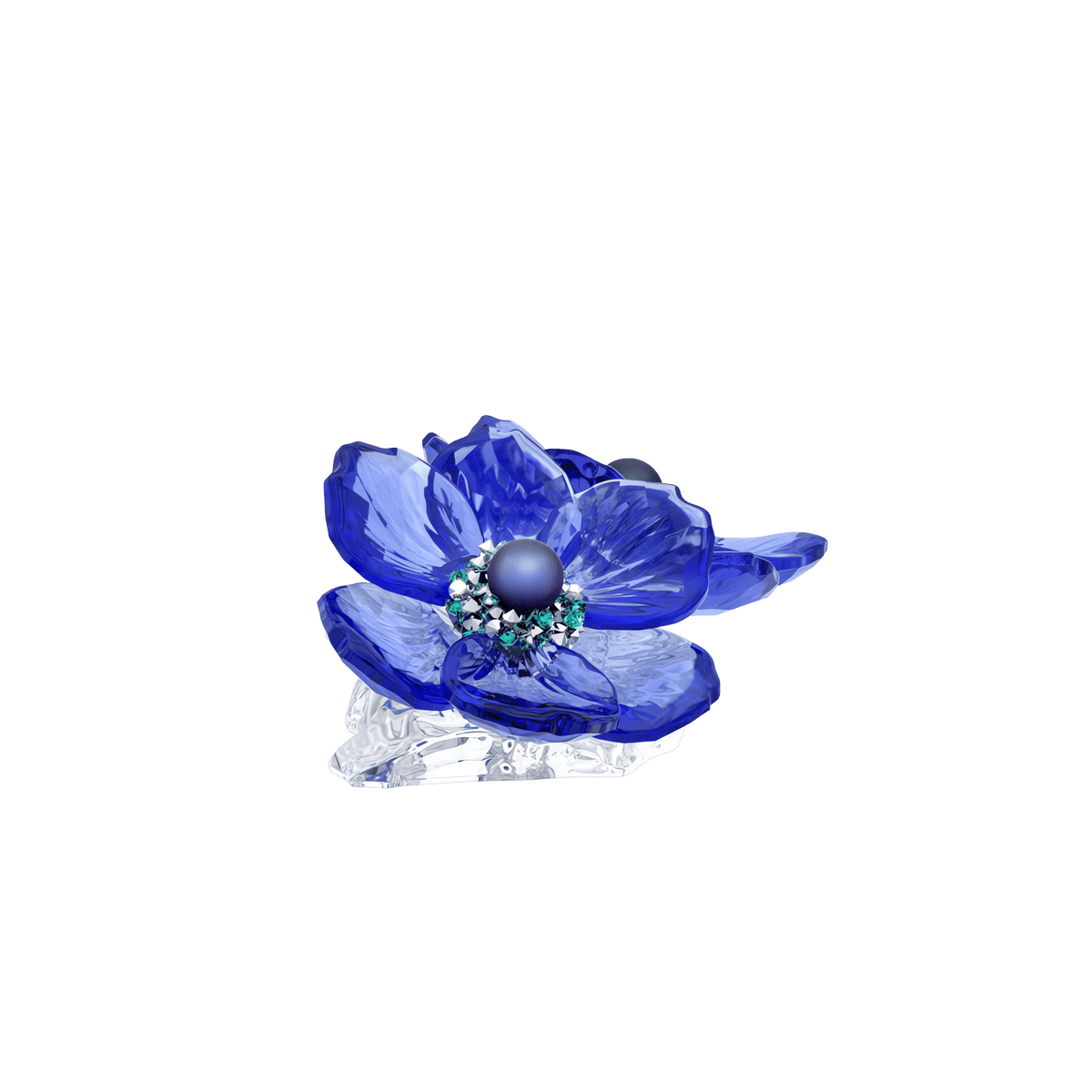 A striking Swarovski Idyllia SCS Anemone Coronaria Flower, featuring intricate blue crystal petals and a sparkling jeweled center evocative of Swarovski’s signature style, is displayed against a plain white background.